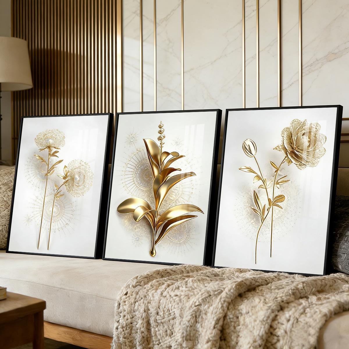 3 Counts Aluminum Alloy Framed Painting, Golden Abstract Flowers Artwork, Home Decoration For Living Room, Bedroom, Office, Restaurant, Hallway Wall Decor, Odorless Print Artwork, Luxury Perfect Gift For Friends And Family