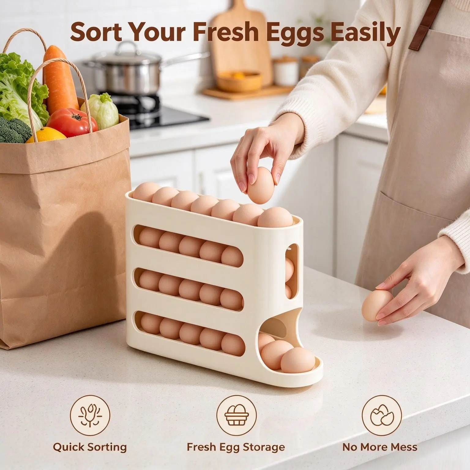Washable Egg Holder, Automatic Rolling Egg Dispenser, Multi-Layer Large Capacity, Works For Refrigerator Side Door, Thick Durable Anti-Break, Space Saving Kitchen Storage
