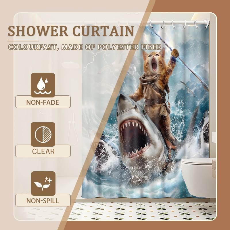 1pc Epic Orange Cat Shark Rider Fantasy Printed Shower Curtains with Plastic Hooks Shower Curtain for Bathtub Bathroom, Suitable for Home and Hotel Machine Washable Bathroom Decor as Best Gifts for Friends and Fantasy Lovers