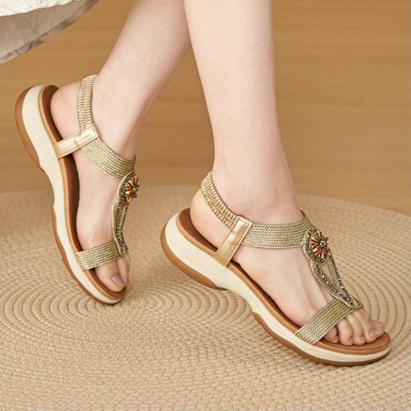 Women’s Boho Beaded T-Strap Sandals, Elastic Slingback Non-Slip TPR Soft Platform Summer Daily Beach Sandals