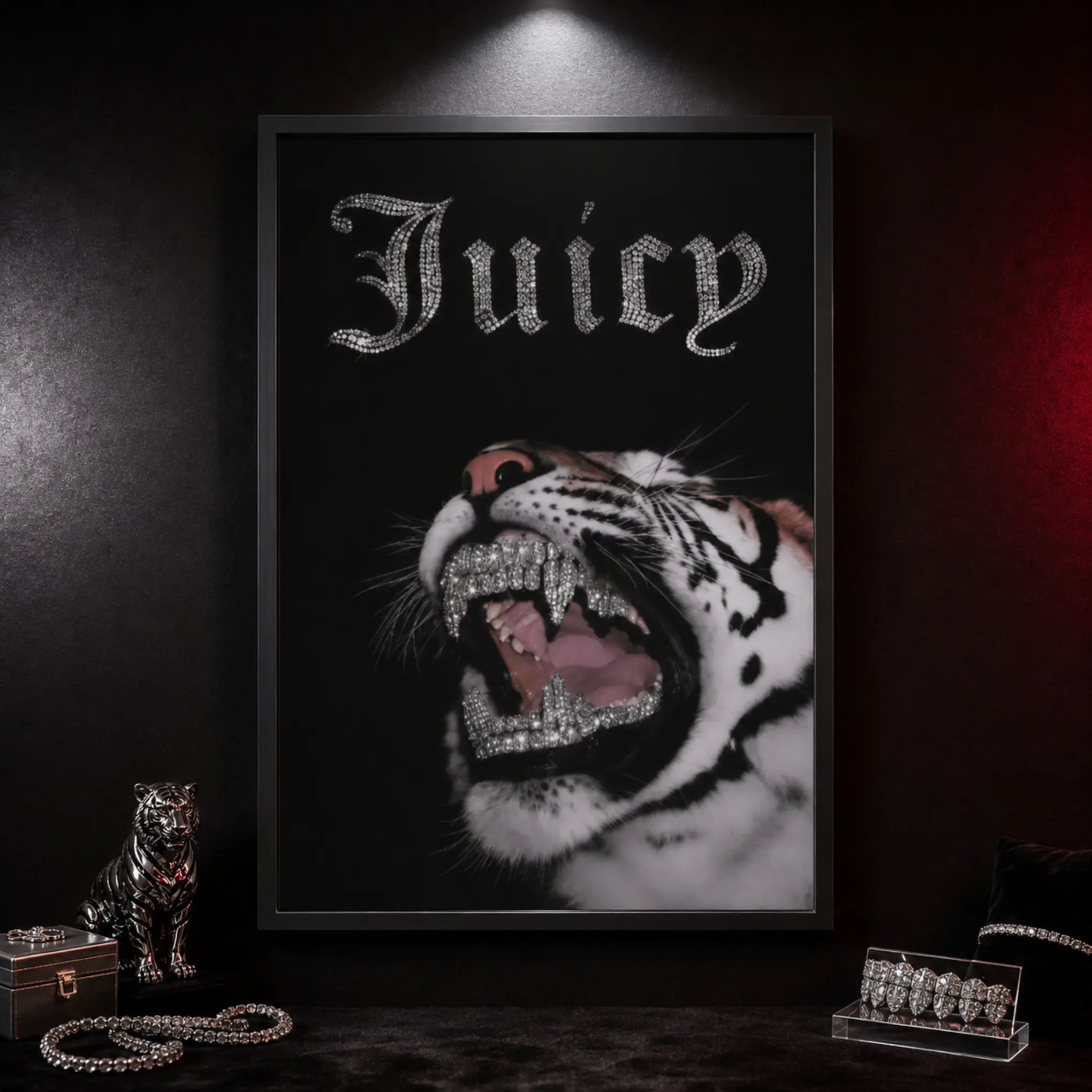 Juicy Diamond Tiger Canvas Wall Art, Luxury Bling White Tiger Poster, Hip Hop Streetwear Artwork for Bedroom Living Room and Man Cave Decor, Framed or Unframed