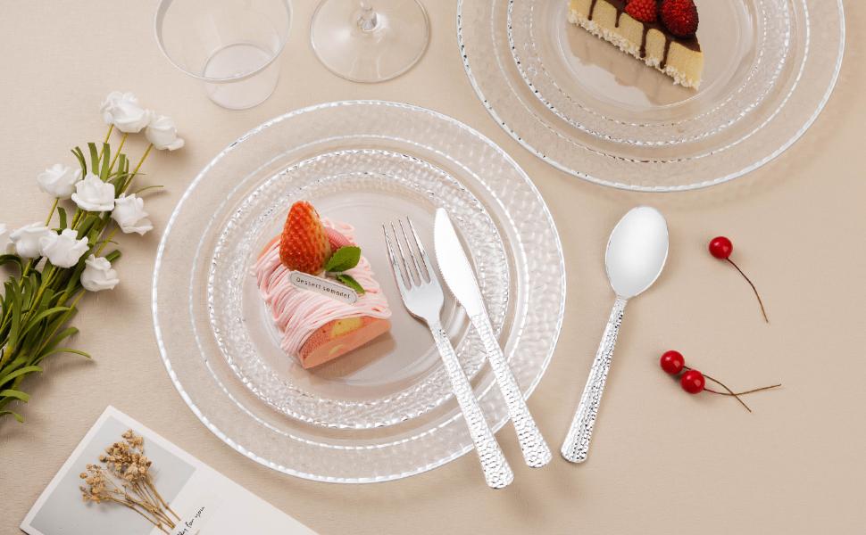 Bestluck 350PCS Clear Plastic Plates with Silver Trim Disposable Dinnerware Set for 50 Guests Includes 100 Plates 50 Napkins 50 Cups Premium Quality BPA-Free Ideal for Weddings Parties Anniversaries