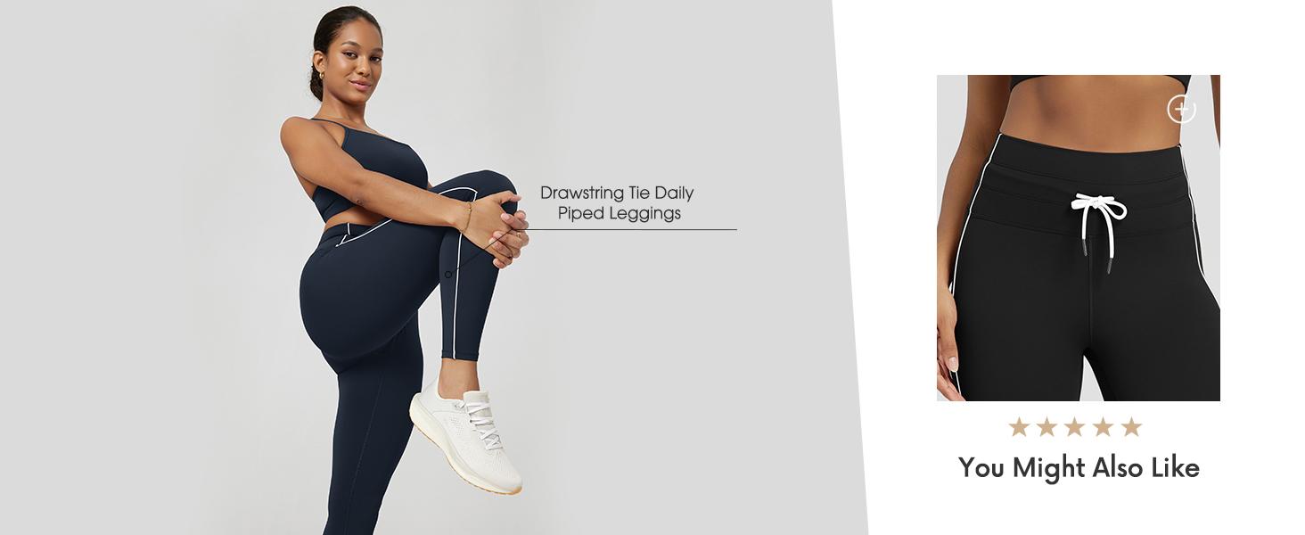 ODODOS Female High-Waist Leggings - 25"/28" Inseam, Drawstring Tie, Pockets, Sporty Chic for Workout Yoga (Brunette, Charcoal, Burgundy Color Options), Adjustable Waist Leggings, Athletic Fitted Leggings