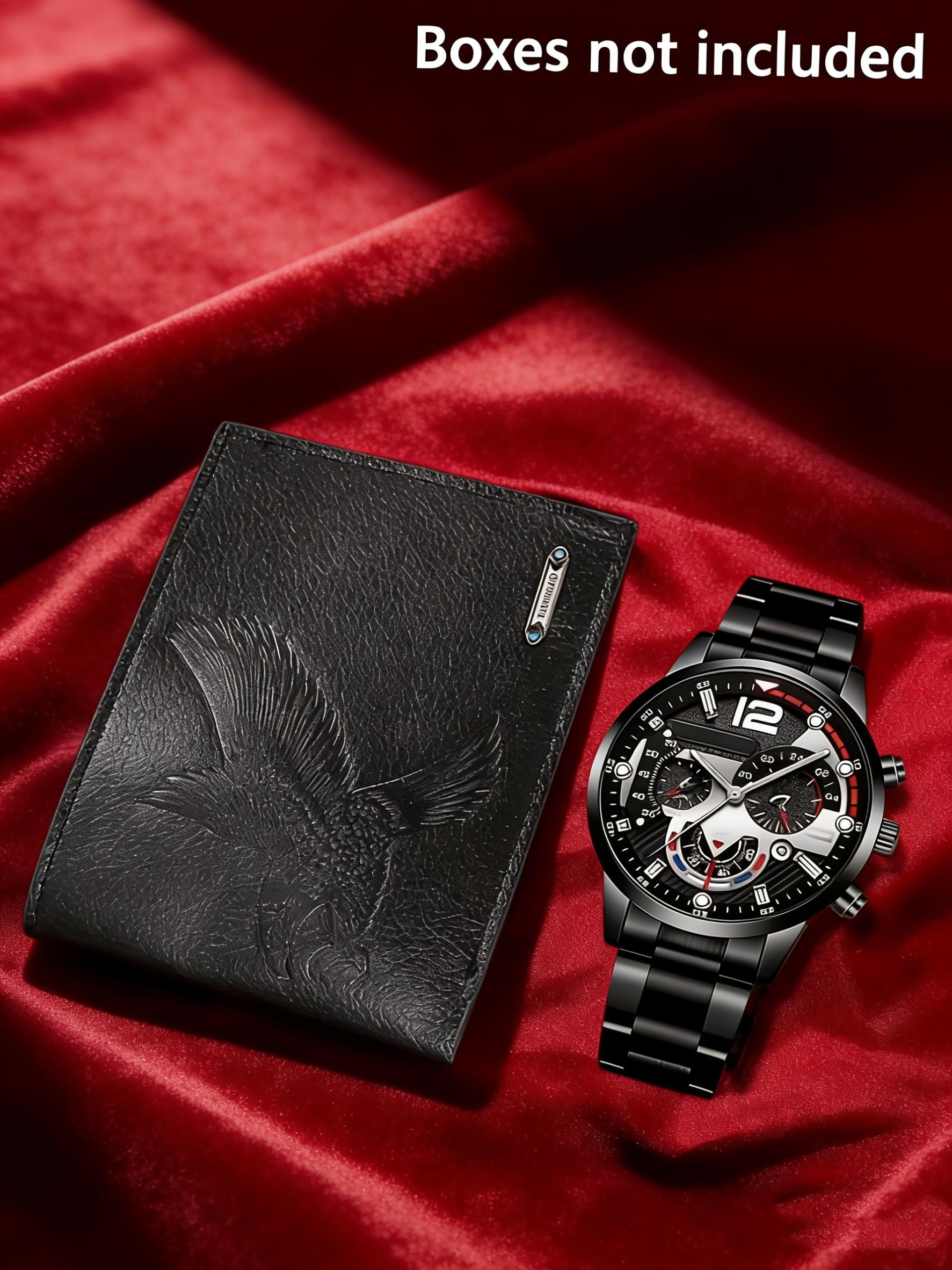 Men's Luxury Steel Watch Keychain Wallet Set, Analog Quartz Movement, Elegant Gift Box, Perfect for Christmas Valentine's Day Birthday