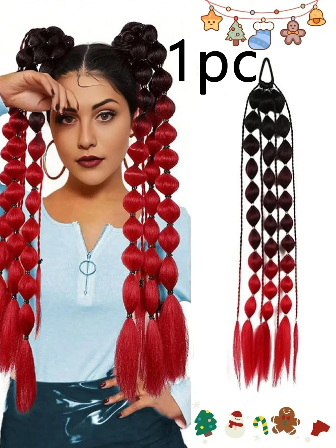 1pc Long Multicolor Braided Ponytail, Purple  Blue   Bubble Ponytail Extensions For Women 26 Inch Wraparound Ponytail African Fluffy Ponytail Extensions, Curly Braided Straight Textured Hairband Ponytails For Christmas And Other Holidays