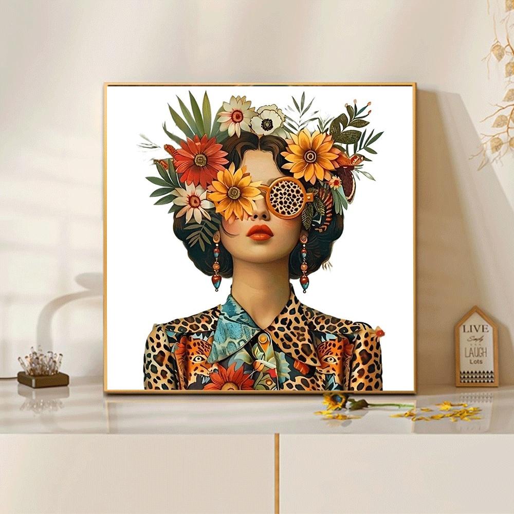 1PC 5D diamond painting 2D flat printing Diamond Painting Kit for Adults DIY Flower Leopard Print Art Home Decor with Sunflower Headpiece Design Rhinestone Embroidery Craft Supply