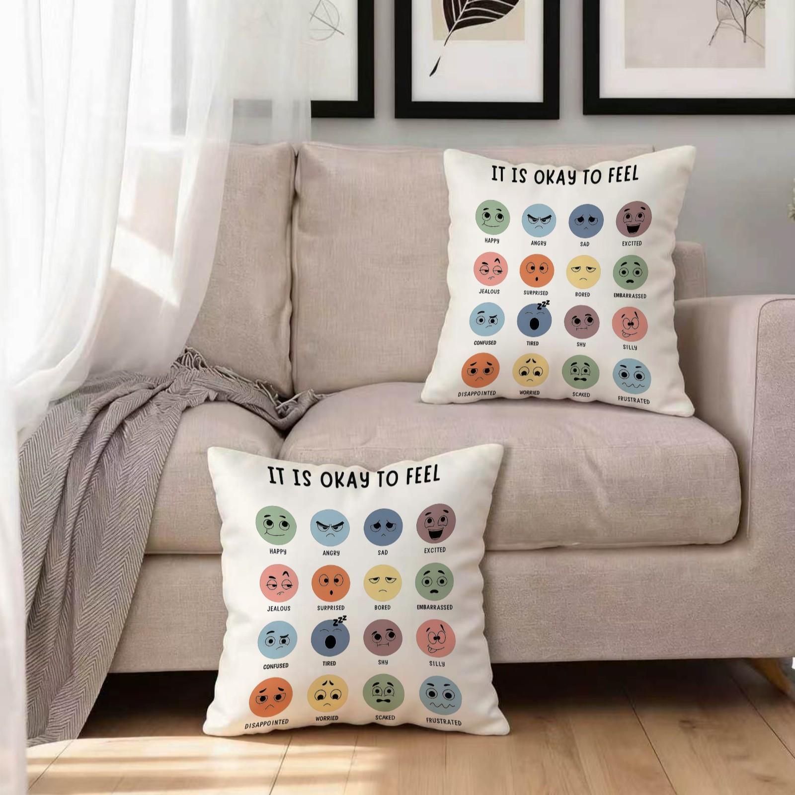18 Inch It Is Okay to Feel Emotion Pillow Cover, Mental Health Awareness Emoji Throw Pillowcase, Dual Color Soft Cushion Cover for Sofa Couch Bedroom, Ideal Gift for Anxiety Relief & Self Care