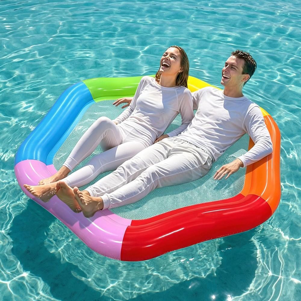 Large Hexagonal Mesh Inflatable Float Bed, 70" X 62" Summer Pool Float with Pillow, 4-In-1 Multi Purpose Inflatable Sunbathing Raft, Party Gift, Adult Double Use, Pool Floats Lounger, Pool Floater, Inflatable Water Lounger