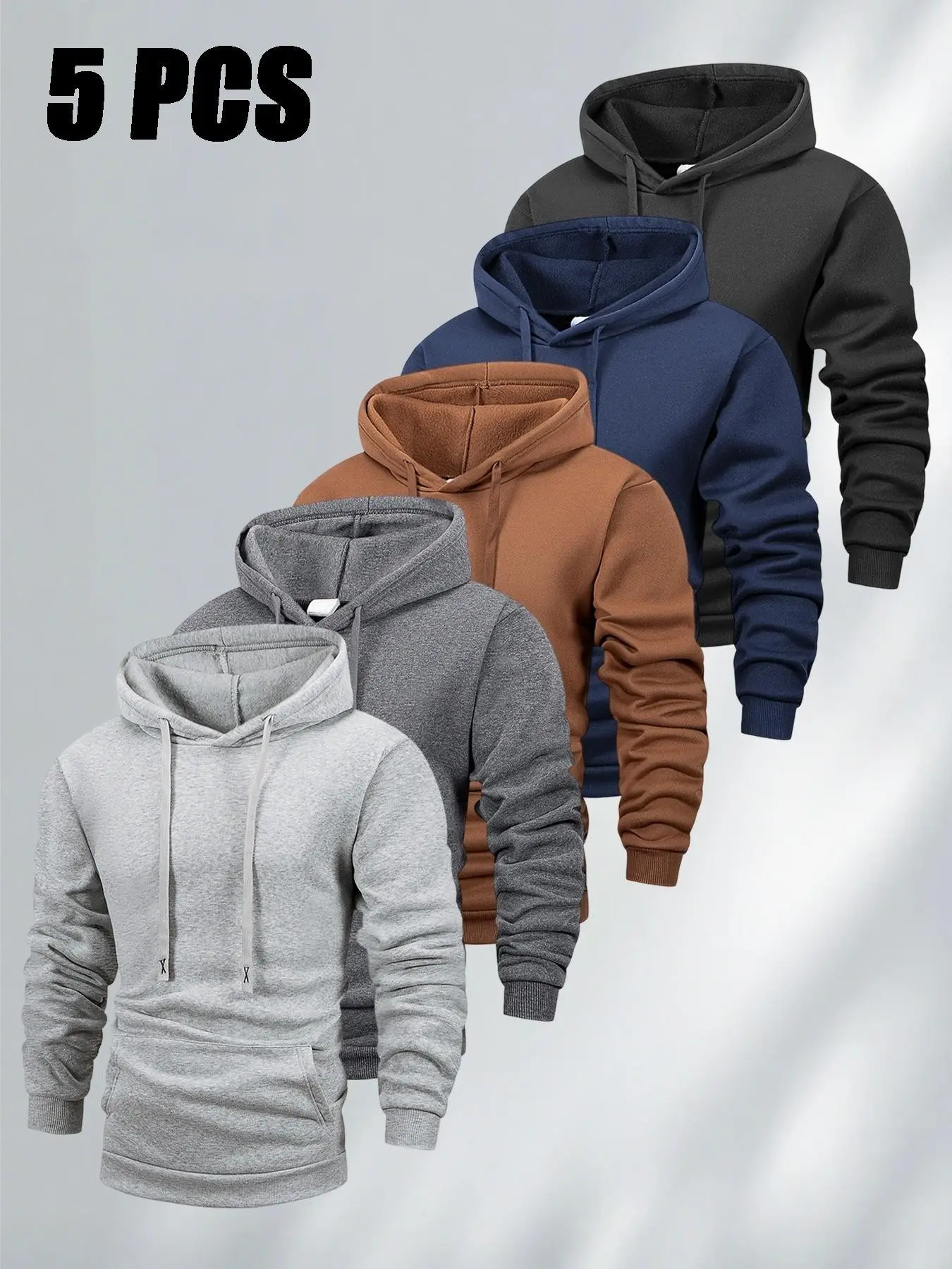 5-Pack Men's Casual Warm Fleece Sweatshirts, Hooded Long Sleeve Pullover, Soft Comfortable Outerwear, Outdoor Sports, Daily Wear