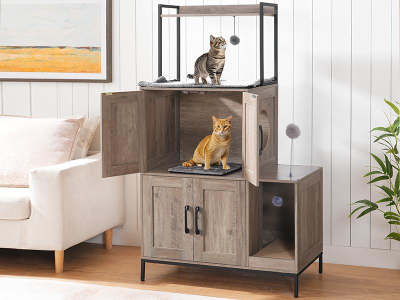 HOOBRO 2 in 1 Hidden Litter Box Furniture with Shelf, Double Litter Box Cabinet with 2 Dangling Plush Balls and 1 Toy Ball, Greige and Black Cat Litter Box Enclosure Furniture HOOBRO 2 in 1 Hidden Litter Box Furniture with Shelf, Double Litter Box Cabinet with 2 Dangling Plush Balls and 1 Toy Ball, Greige and Black Cat Litter Box Enclosure Furniture