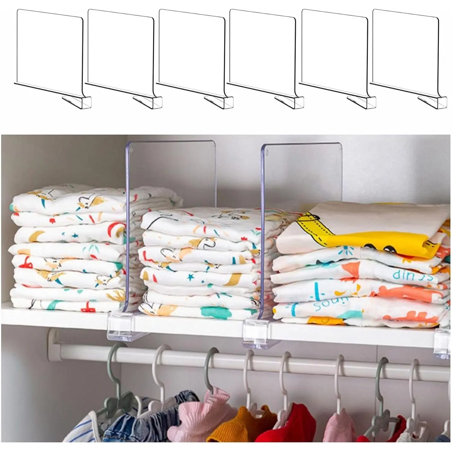6 Pack Clear Acrylic Shelf Divider for Closet Organization - 9.2″ Tall Closet Dividers for Wood Shelves,Cupboard,Vertical Shelf Separators in Closet for T-Shirt,Purse,Handbag,Sweater Organizer