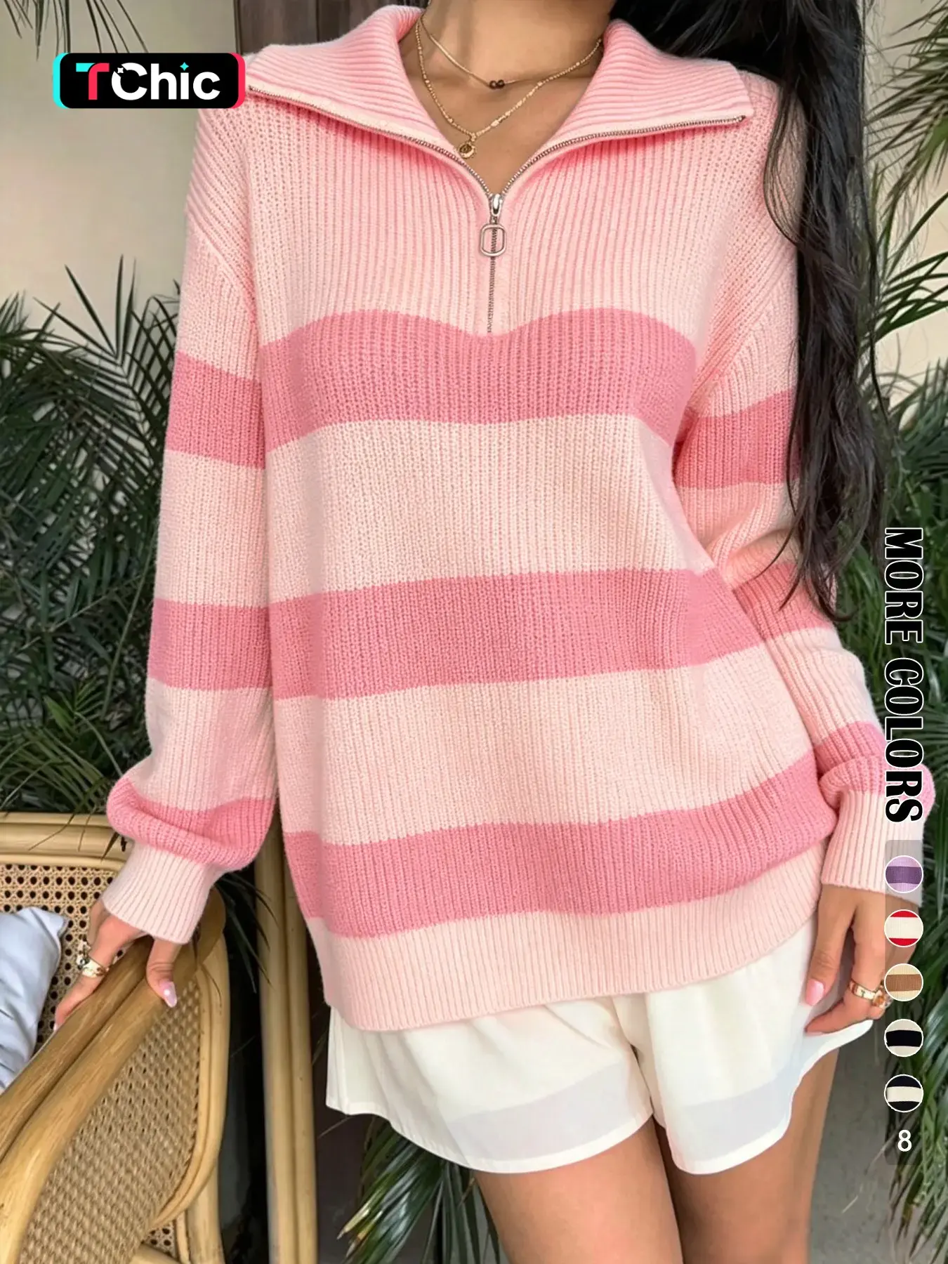 Women's Striped Print Zip Up Knitted Sweater, Casual Long Sleeve Jumper for Fall & Winter, Fashion Ladies' Knitwear for Daily Wear