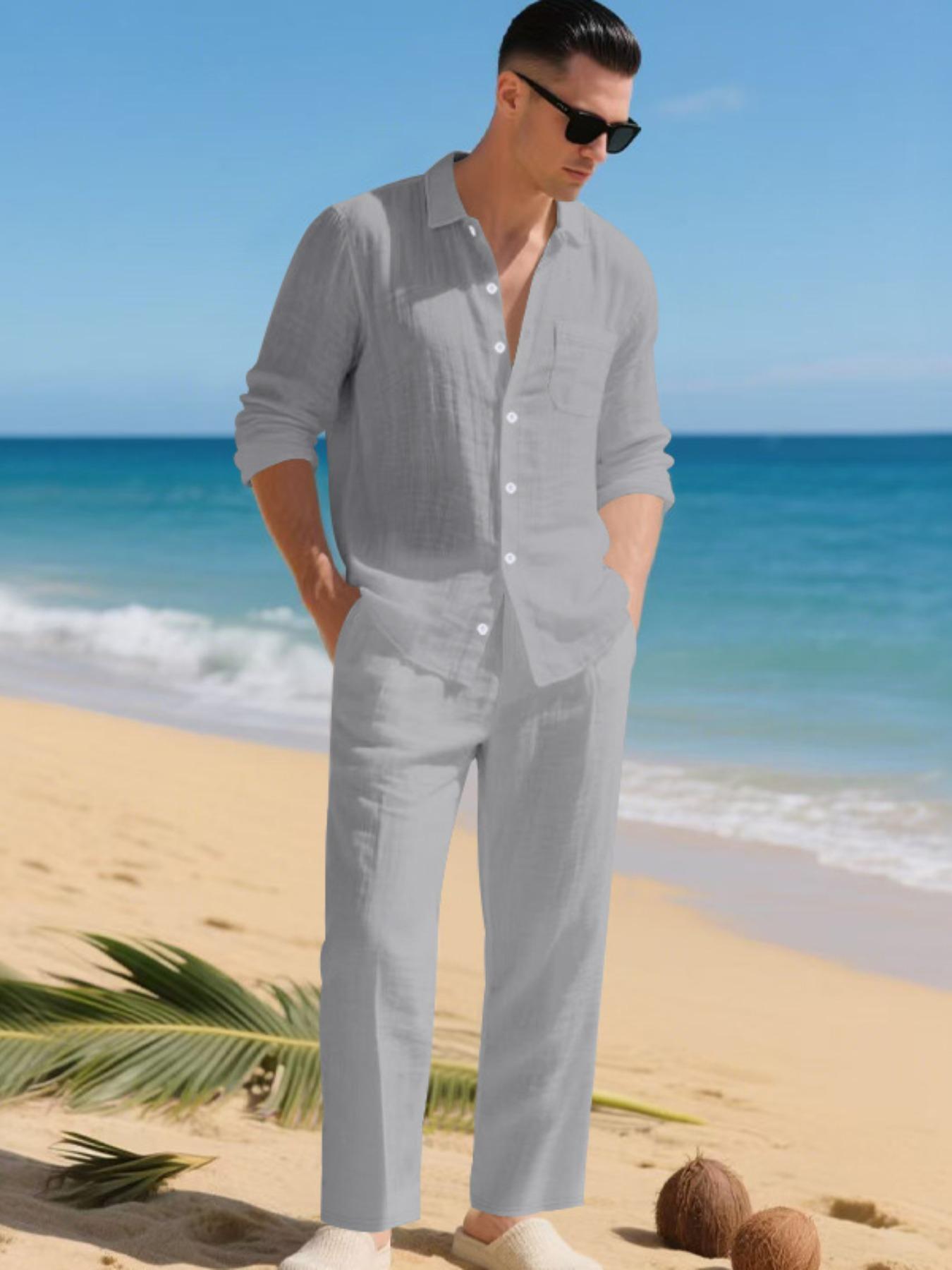 Men's Summer Linen Shirt & Pants Set, Casual Long Sleeve Beachwear, Comfortable Fashion Clothing for Vacation