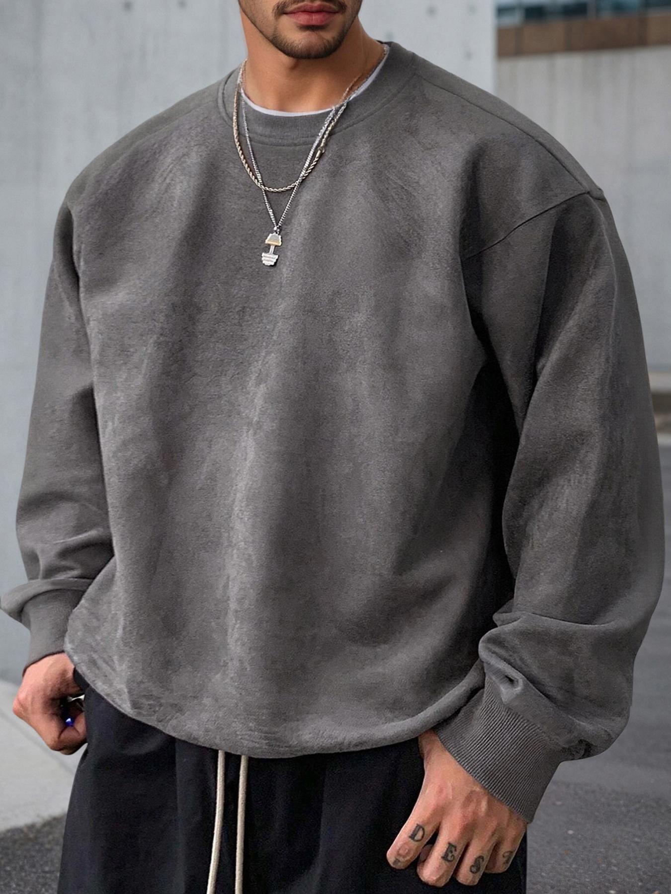 Men's Solid Color Plain Round Neck Drop Shoulder Long Sleeve Fleece Sweatshirt, Casual Fit for Fall & Winter, Comfortable Daily Wear