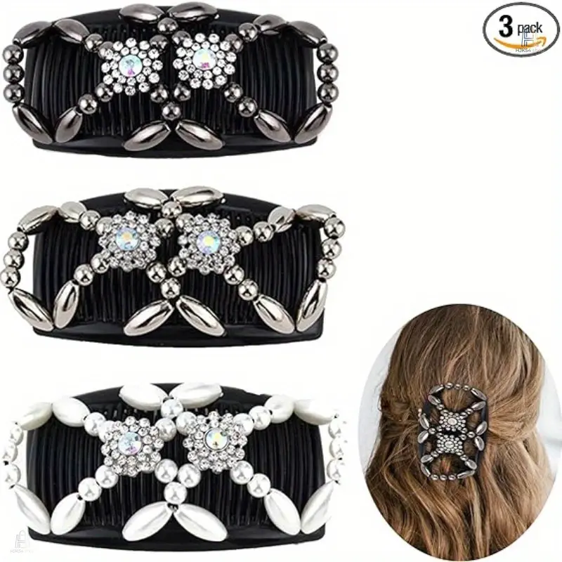 3Pcs Handmade Beaded Magic Hair Combs, Stretch Double Row Insert Combs, Versatile Bun Maker Hair Accessories for Women, Easy Updo Hairstyle Decor for Daily, Party, Wedding, Gift