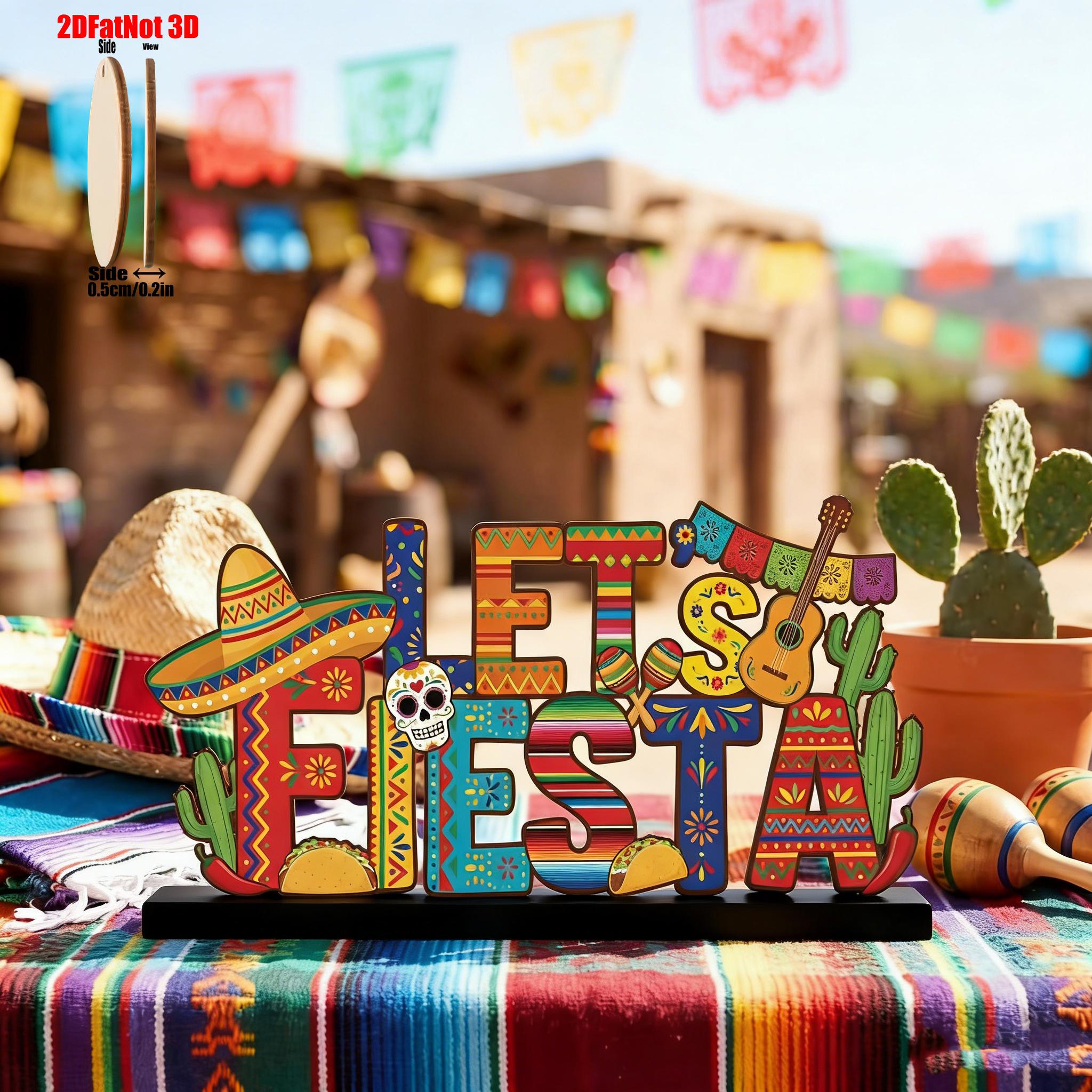 2D Wooden Mexican Cinco De Mayo Table Centerpiece, Festive Layered Tray Decor, Wood Base for Shelves, Fireplace, Home Office, Party Gift