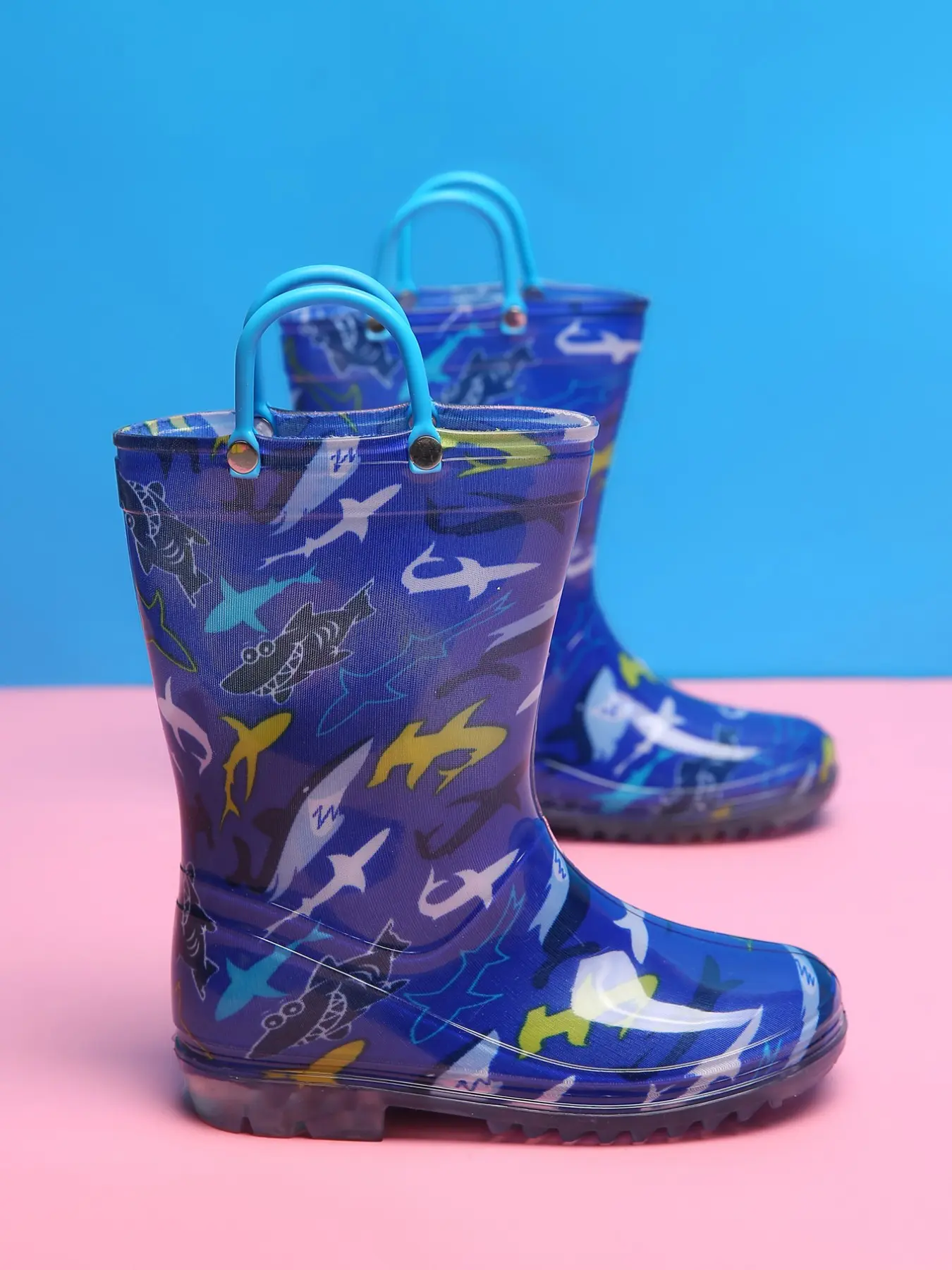 Cartoon Dinosaur Shark Print Kids Rain Boots, Anti Slip Boots, Non-Slip Waterproof Rubber, Portable Handle, Wear-Resistant Outdoor Wellies for Boys