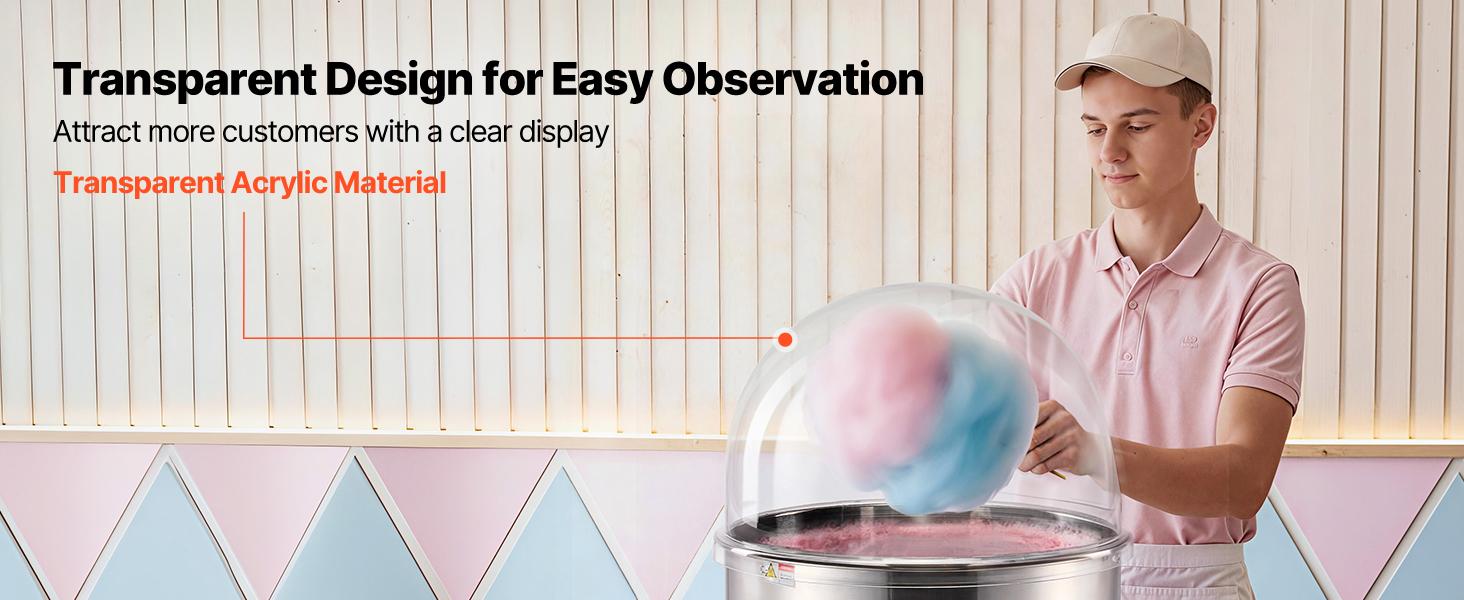 VEVOR Cotton Candy Machine Cover, Transparent Acrylic Dome Bubble Shield, Cotton Candy Machine Bubble Shield Compatible with 20.5in Cottons Candies Machines Bowl for Party, Shops, Bottom Groove Design