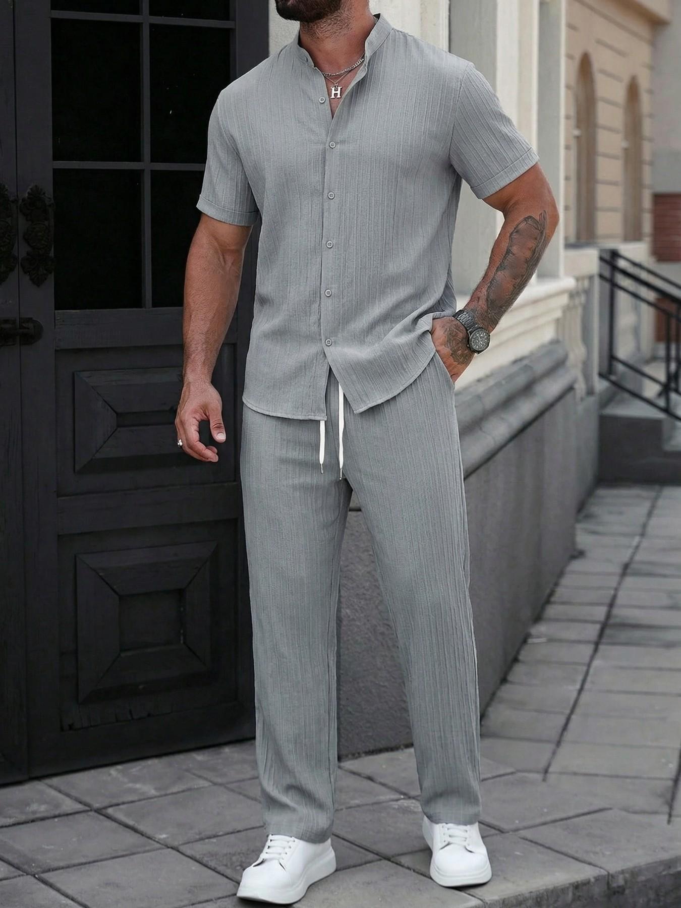 Men's Textured Stand Collar 2-Piece Outfit Set White/Black/Grey Color Options | Short Sleeve Button Shirt + Drawstring Waist Pants | Soft Breathable Fabric | Perfect for Summer Casual Outings, Streetwear & Smart Casual Style | Essential Set