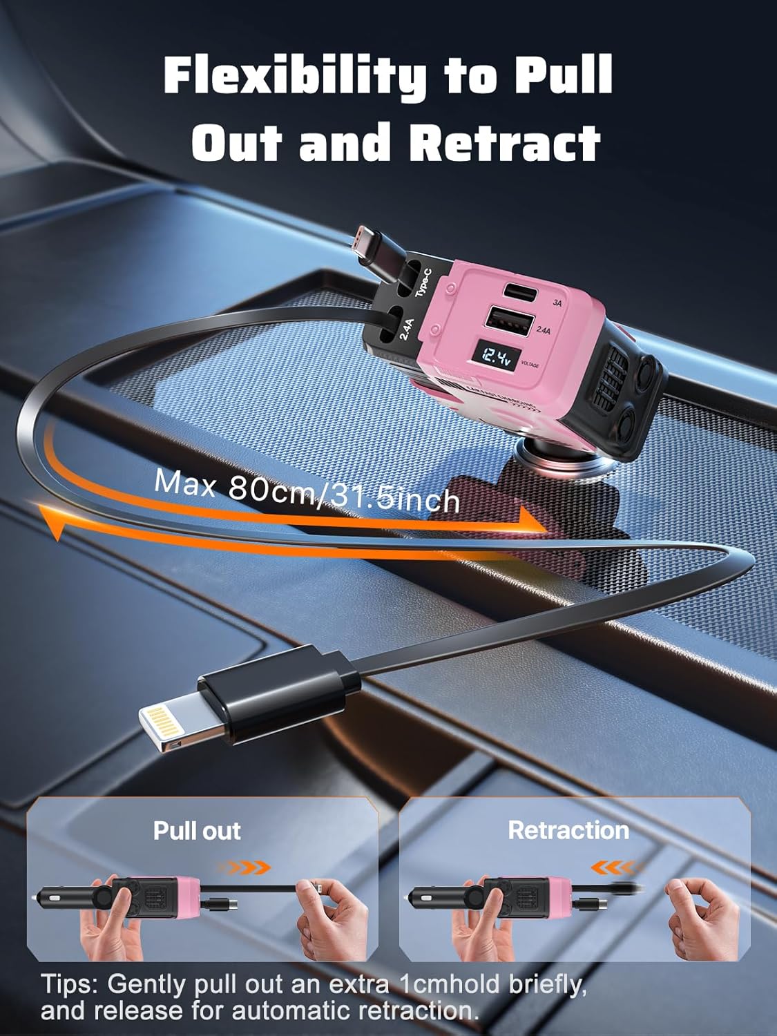 Retractable Car Charger with 4 Shock Absorbers,4 in 1 USB-C Car Charge 69W,Cigarette Lighter Adapter with Retractable Cables (31.5 in) and 2 USB Ports,Road Trip Essentials for iPhone 16 Retractable Car Charger with 4 Shock Absorbers,4 in 1 USB-C Car Charge 69W,Cigarette Lighter Adapter with Retractable Cables (31.5 in) and 2 USB Ports,Road Trip Essentials for iPhone 16