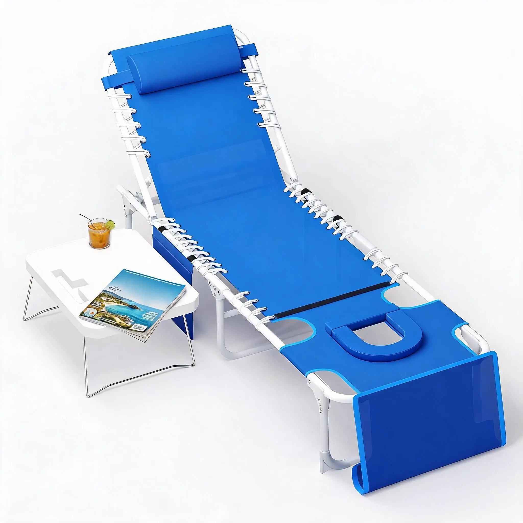 3-in-1 Outdoor Sun Lounger Chair with Face & Arm Hole – 5-Position Adjustable Recliner – Removable Pillow & Portable Folding Table – Heavy Duty Tanning Chair, Max 330lbs – For Beach, Pool, Patio, Camping – Navy Blue/Beige