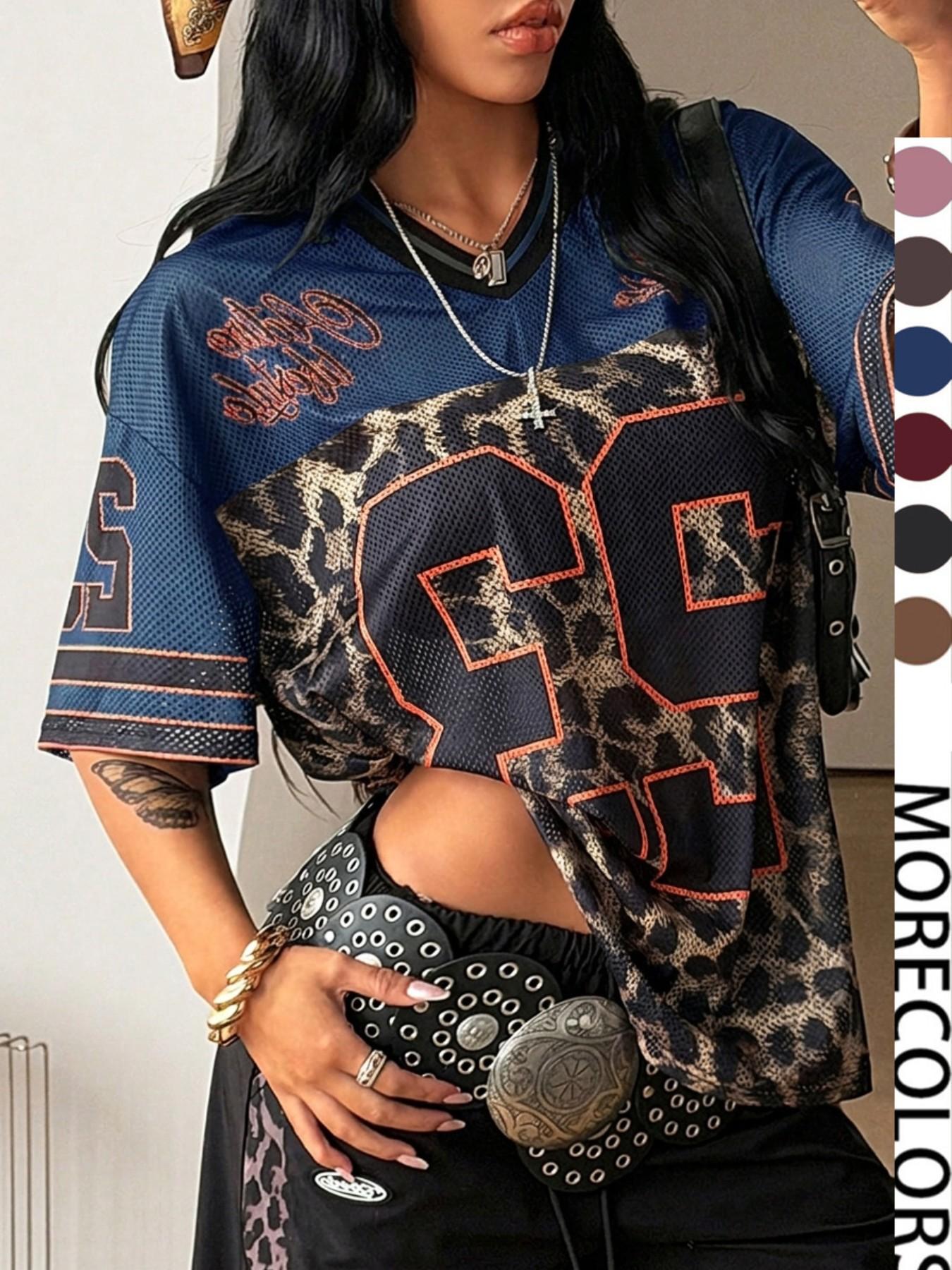 Y2K Retro Style Peregrinate 23 Leopard Print Jersey Top, Loose Fitted V-Neck Sport Tee, Hip-Hop Athletic Fashion Streetwear for All Seasons