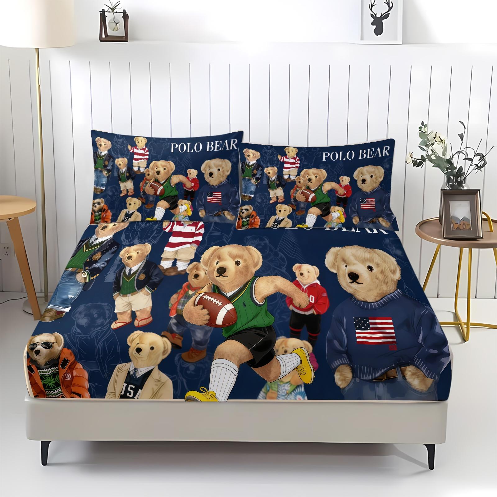 3-Piece Polo Bear Pattern Fitted Sheet Set, Soft And Durable Bedding Set Includes 1 Flat Sheet And 2 Pillowcases, Daily Holiday Birthday Gift Bedroom Decorations For Kids And Adults