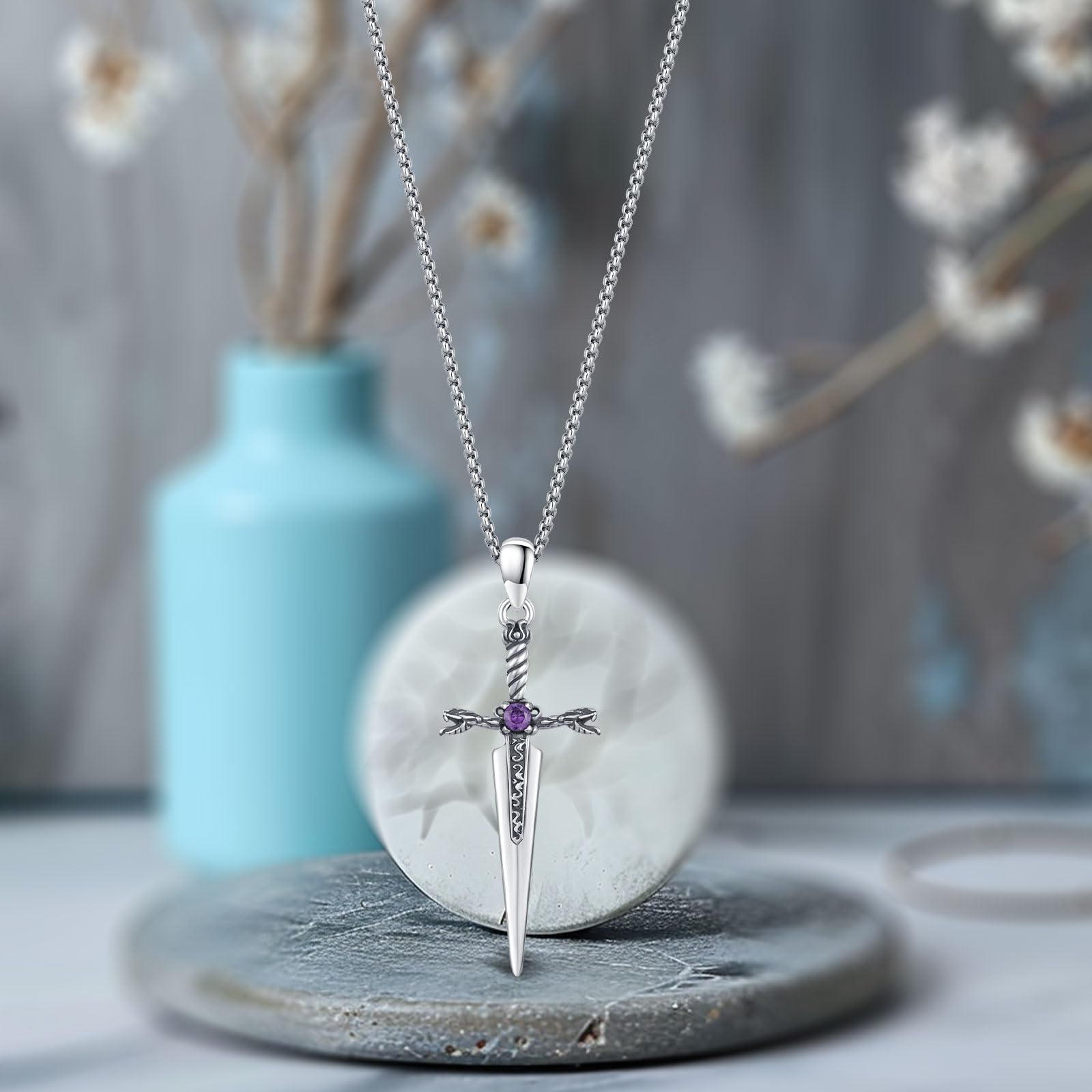 Thanches Sword Pendant 925 Sterling Sliver Necklace for Men Women Viking Religious Necklace Pendant Norse Gothic Protection Jewelry Gifts for Men Women Journey Gift