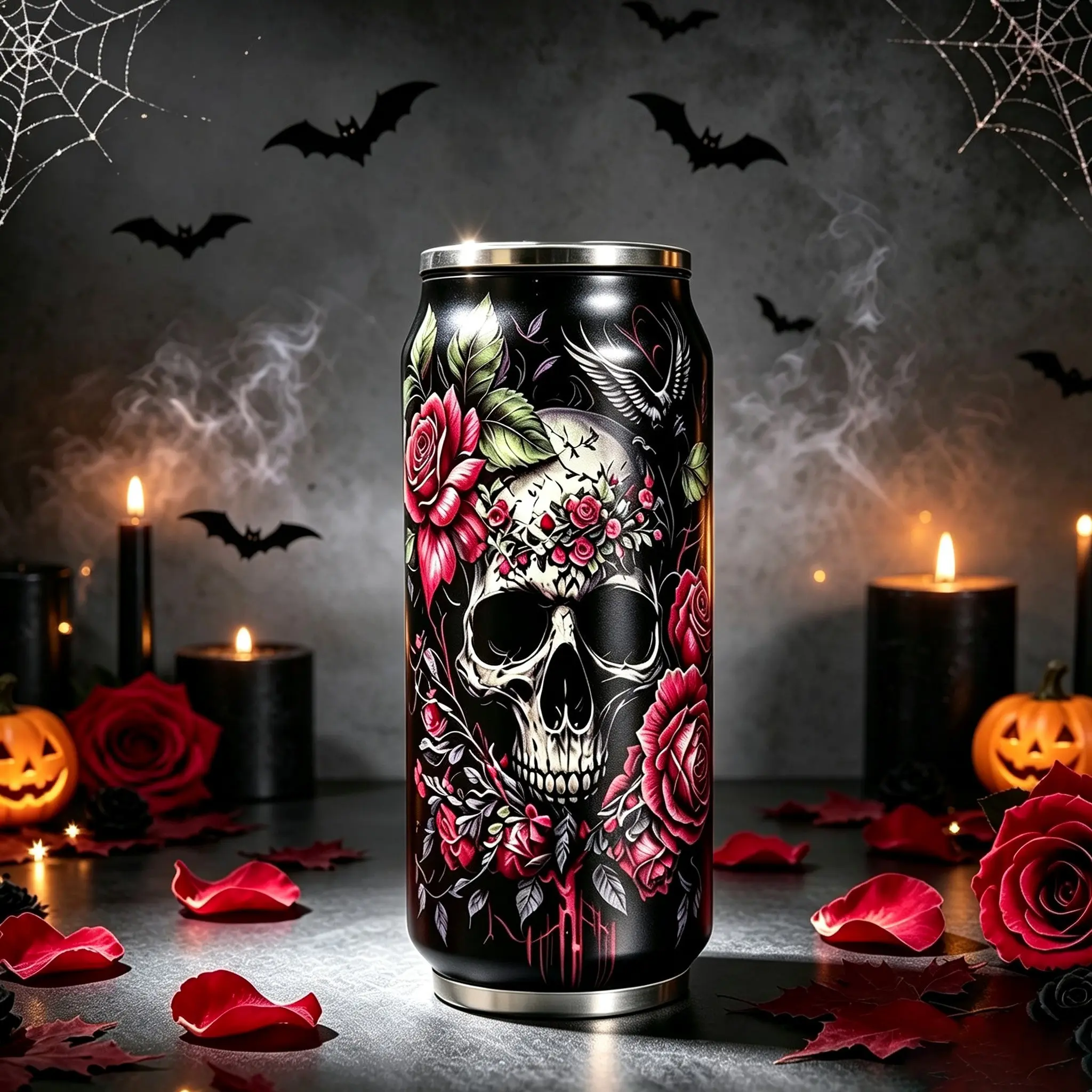 Halloween Thermos Cup, Skull Coffee Mug, Lidded Skull Cup, Can-shaped Thermos, Flasks, Double-layer Insulated Cup, Slim Travel Cup, Floral Design Stainless Steel Straight Cup, Perfect as a Birthday or Halloween Gift for Women, Moms, and Friends(17oz)