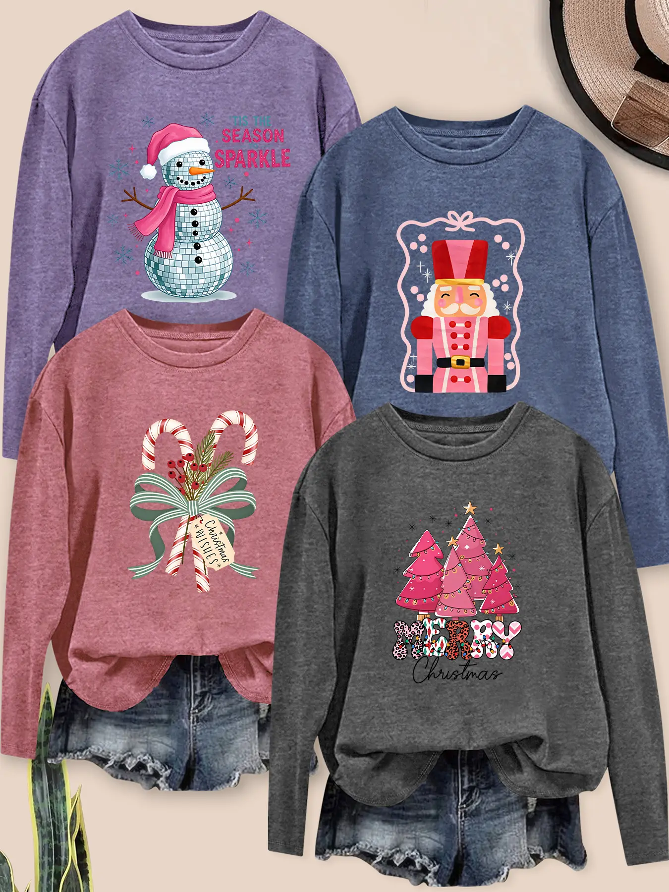 4Pcs Plus Size Women's Crew Neck Long Sleeve T-Shirt, Disco Snowman Nutcracker Print, Multiple Colors, Machine Washable, Spring Top, Soft Skin-Friendly Fabric, Daily Wear, Fashion Design, Multi-Color Optional