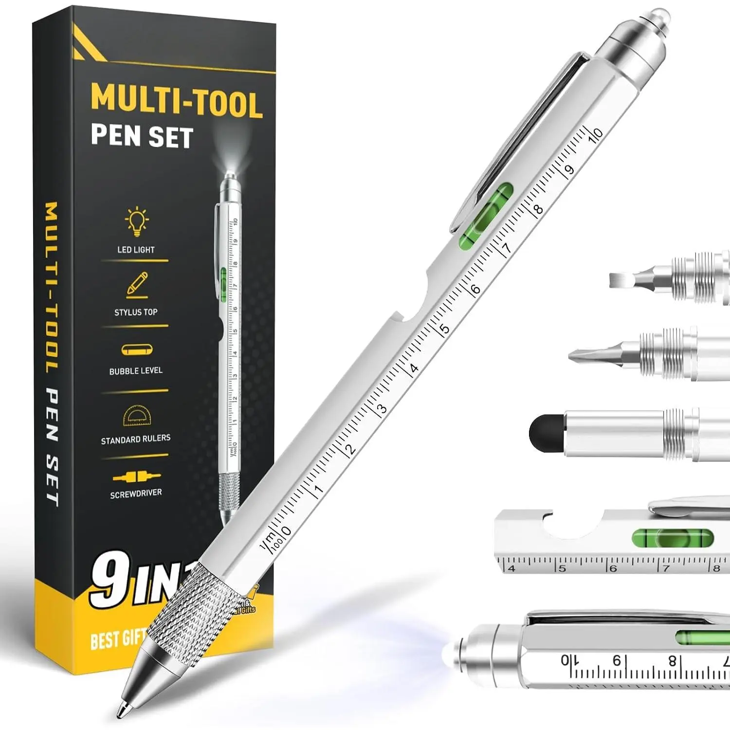 9-in-1 Multifunction Pen with Refill & Aluminum Body, Cool Hand Tool Gift for Men Dad Husband, Stocking Stuffer for Christmas Birthday Anniversary