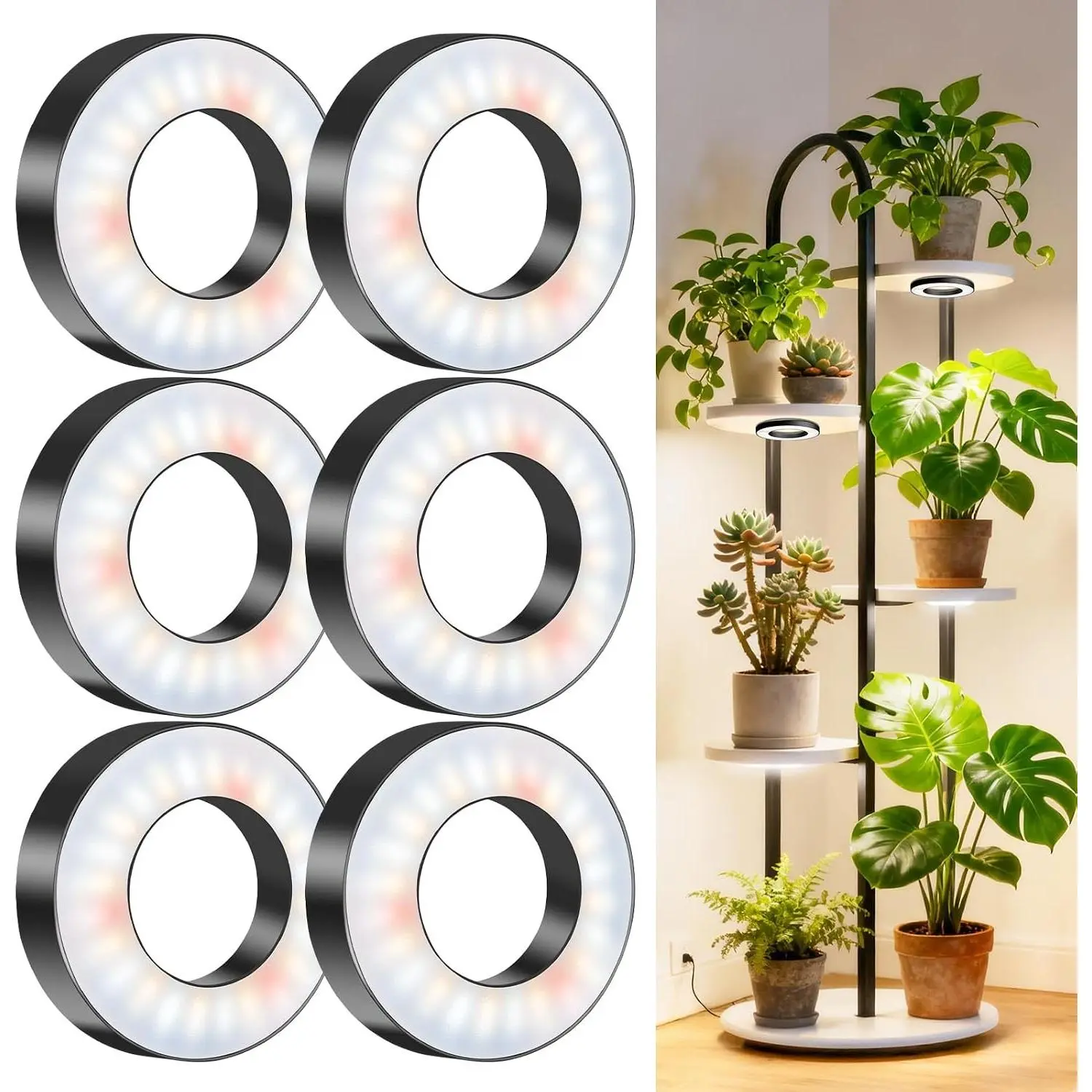 Ceiling Grow Lights for Indoor Plants, 288 LED Full Spectrum 3.5in Halo Plant Grow Light, 12/3A Under Cabinet Grow Lamp with Auto Timer 6/12/16 Hrs, 3 Lighting Mode, 5 Brightness, Six Head