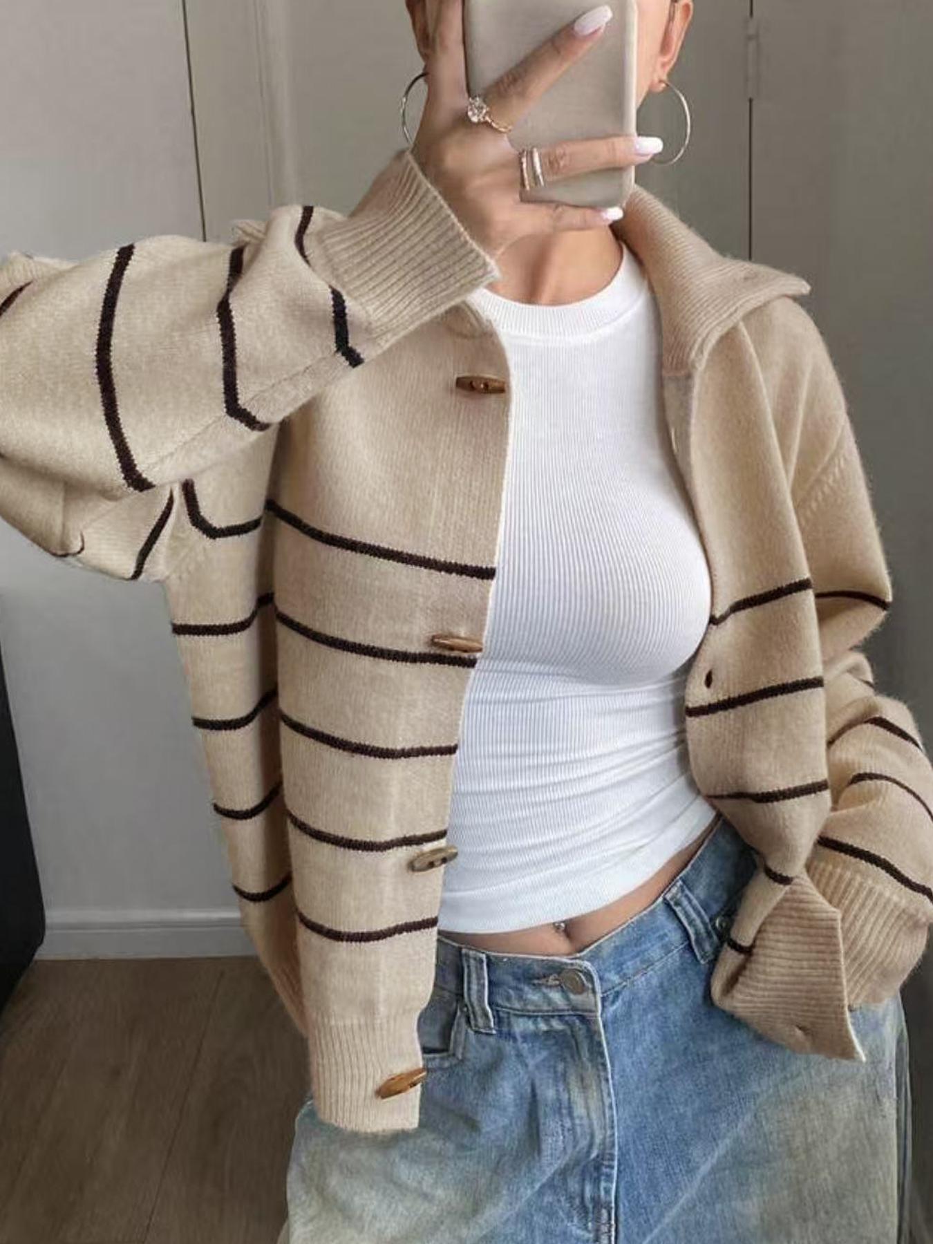 Autumn Winter Striped Button Front Sweater Coat, Fashion Casual Loose Elegant Chic Knitwear Outerwear, Stylish Women's Clothing