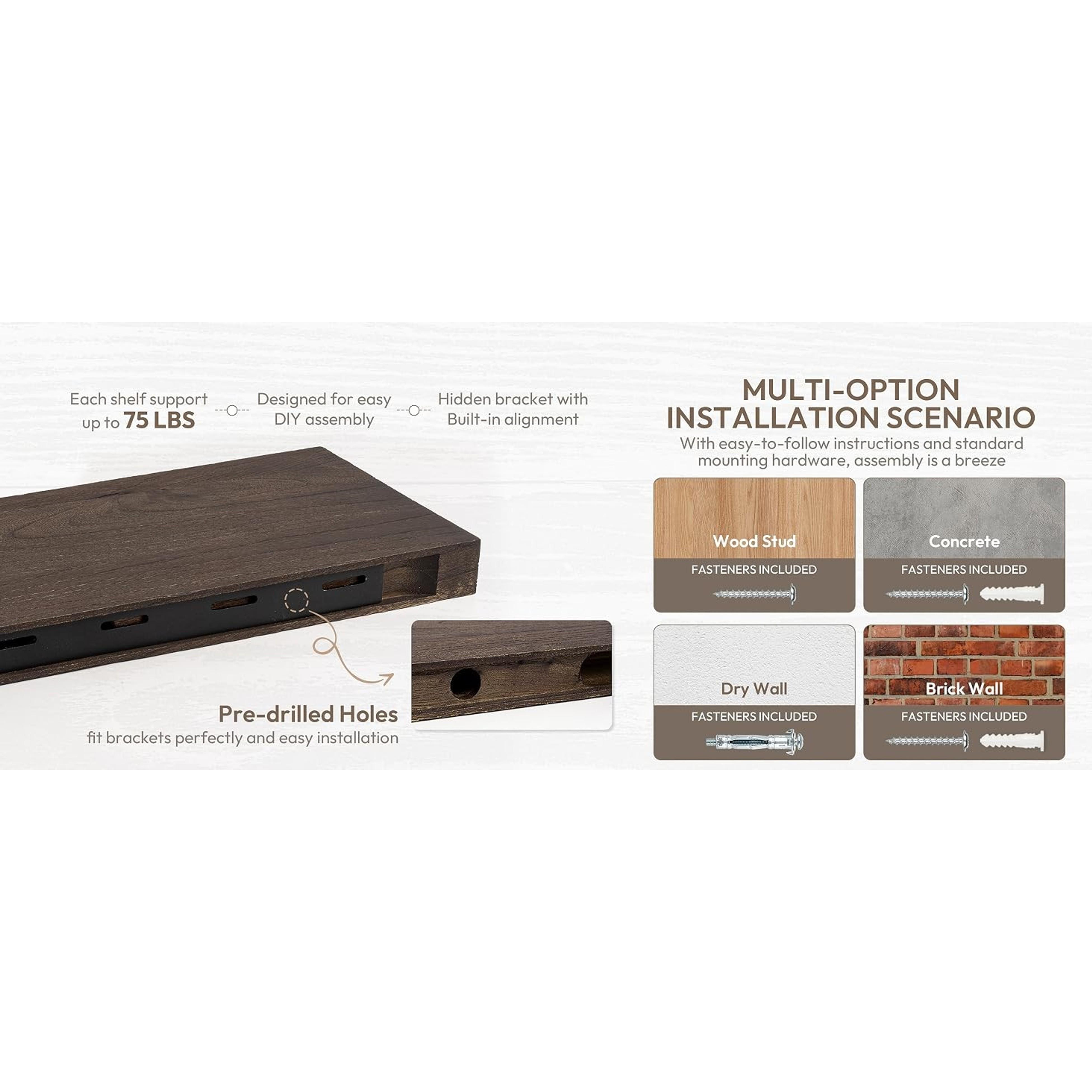 40-in Solid Elm Wooden Floating Shelf with Invisible Bracket - Rustic Minimalist Walnut-Tone Wall-Mounted Shelf for Bathroom, Living Room Decor, 1 Pack, Installation