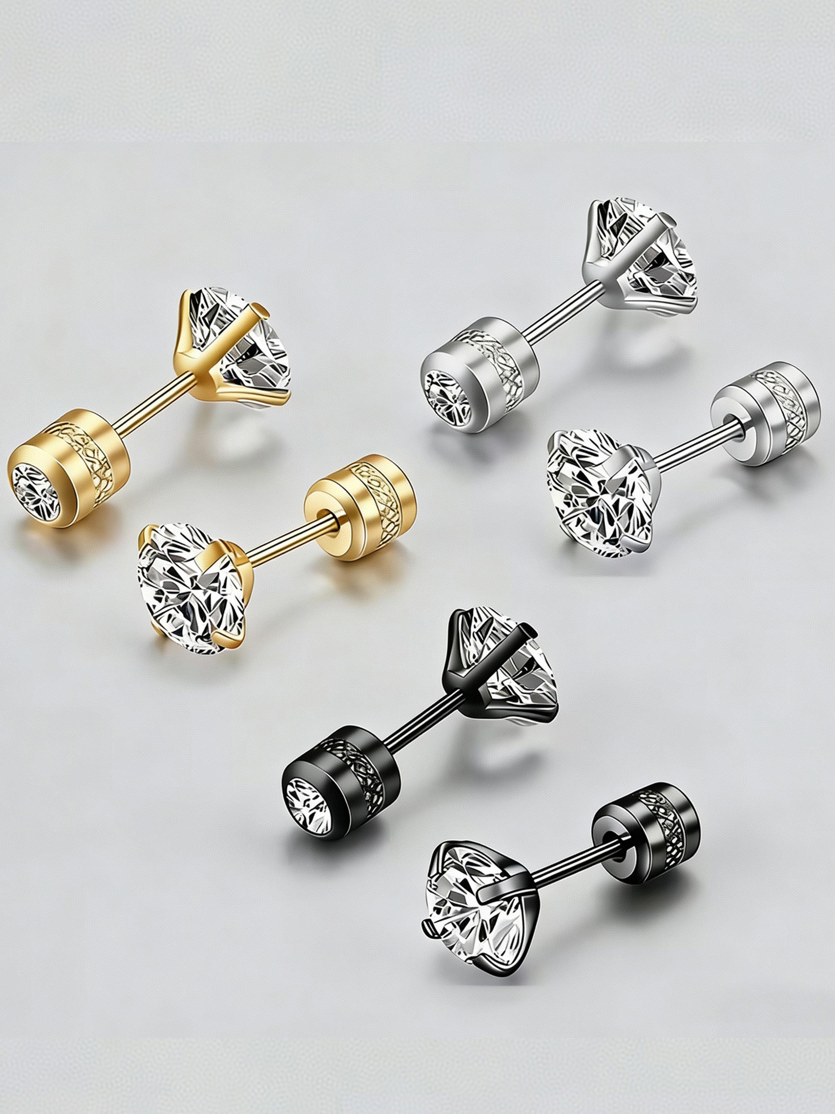 6 Pcs 316 Stainless Steel Hypoallergenic Medical Grade Zirconia Ear Studs, Screw Back Earrings for Couples, Daily Wear, Festive Jewelry