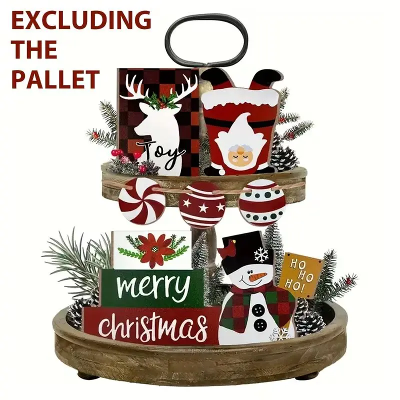 Farmhouse Christmas Tiered Tray Decor Set - Red Buffalo Plaid Wooden Signs with Snowman, Elk, Santa Claus for Winter Rustic Tabletop, Shelf, Mantel Home Decorations