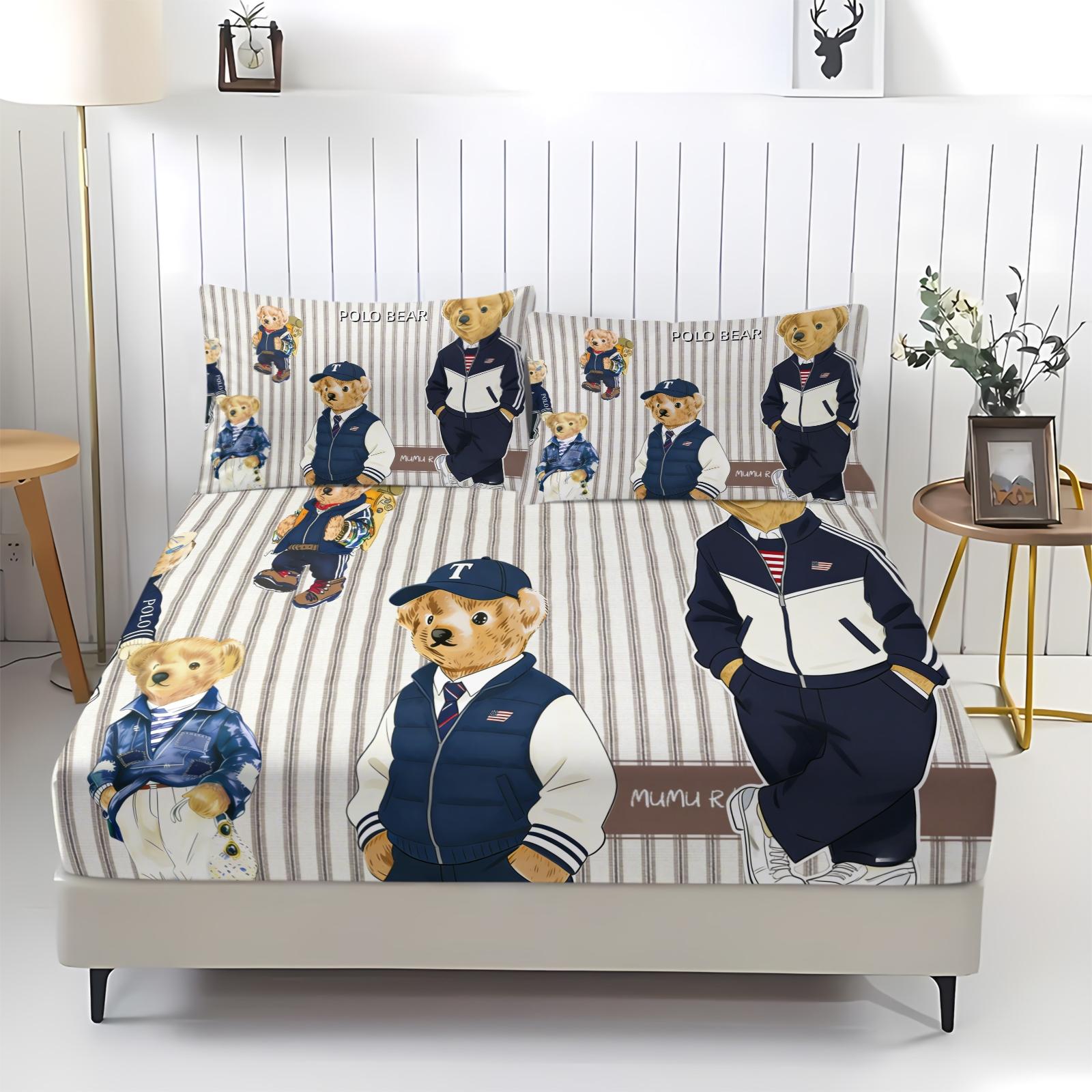 Teddy Bear Pattern Bed Sheet, Comfortable Printed Pattern, Includes 1 Bed Sheet and 2 Pillowcases, Comfortable Bedding, Non slip Dust Cover Suitable for Bedroom and Guest Room, Suitable as a Gift for Children or Adults