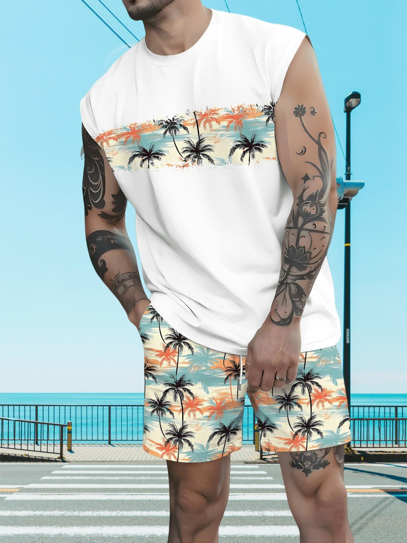 Men's Tropical Palm Tree Print Sleeveless Tank Top & Drawstring Shorts Set Summer Beach Casual Two Piece Outfit Streetwear Co Ord Set Suits