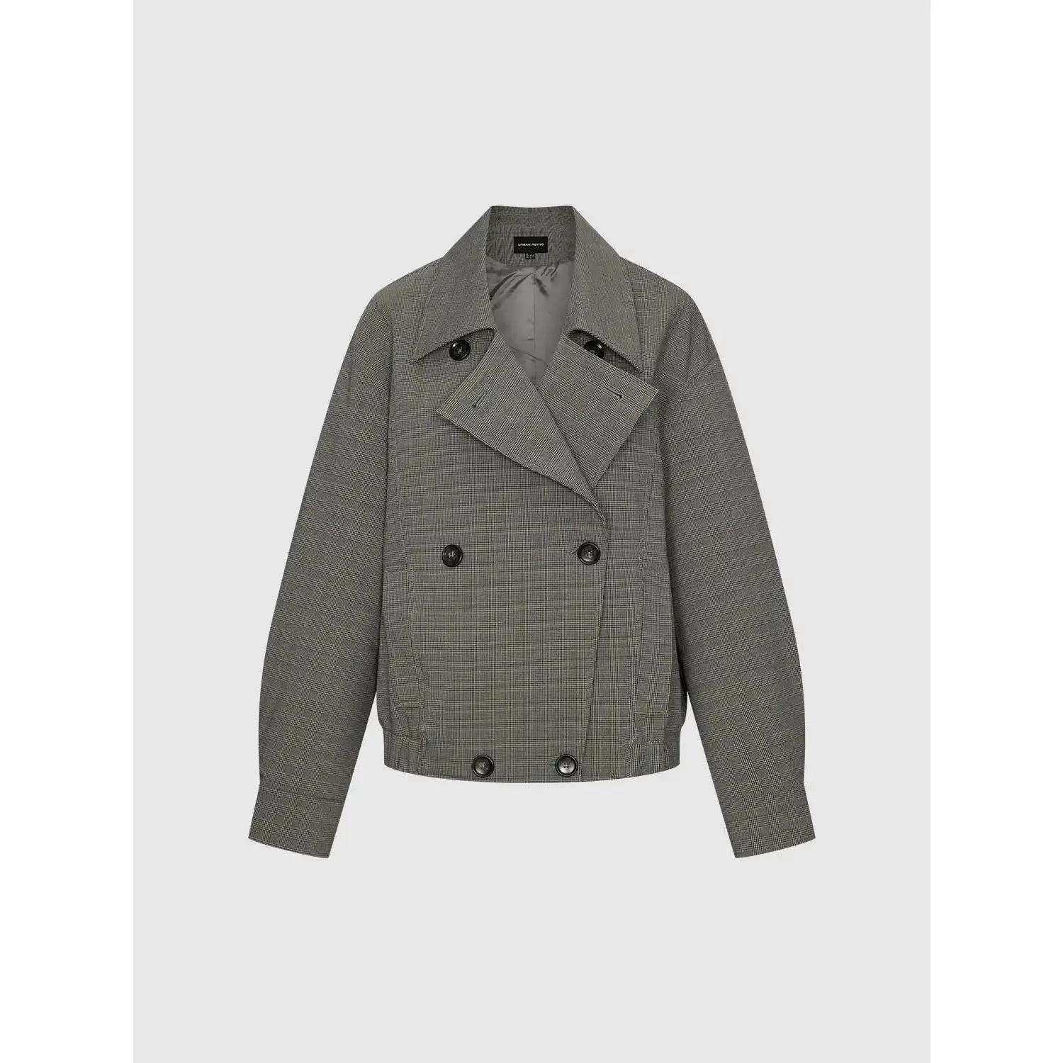 URBAN REVIVO Women's Plaid Lapel Double-Breasted Cropped Jacket - Long Sleeve, Viscose-Polyester Fabric