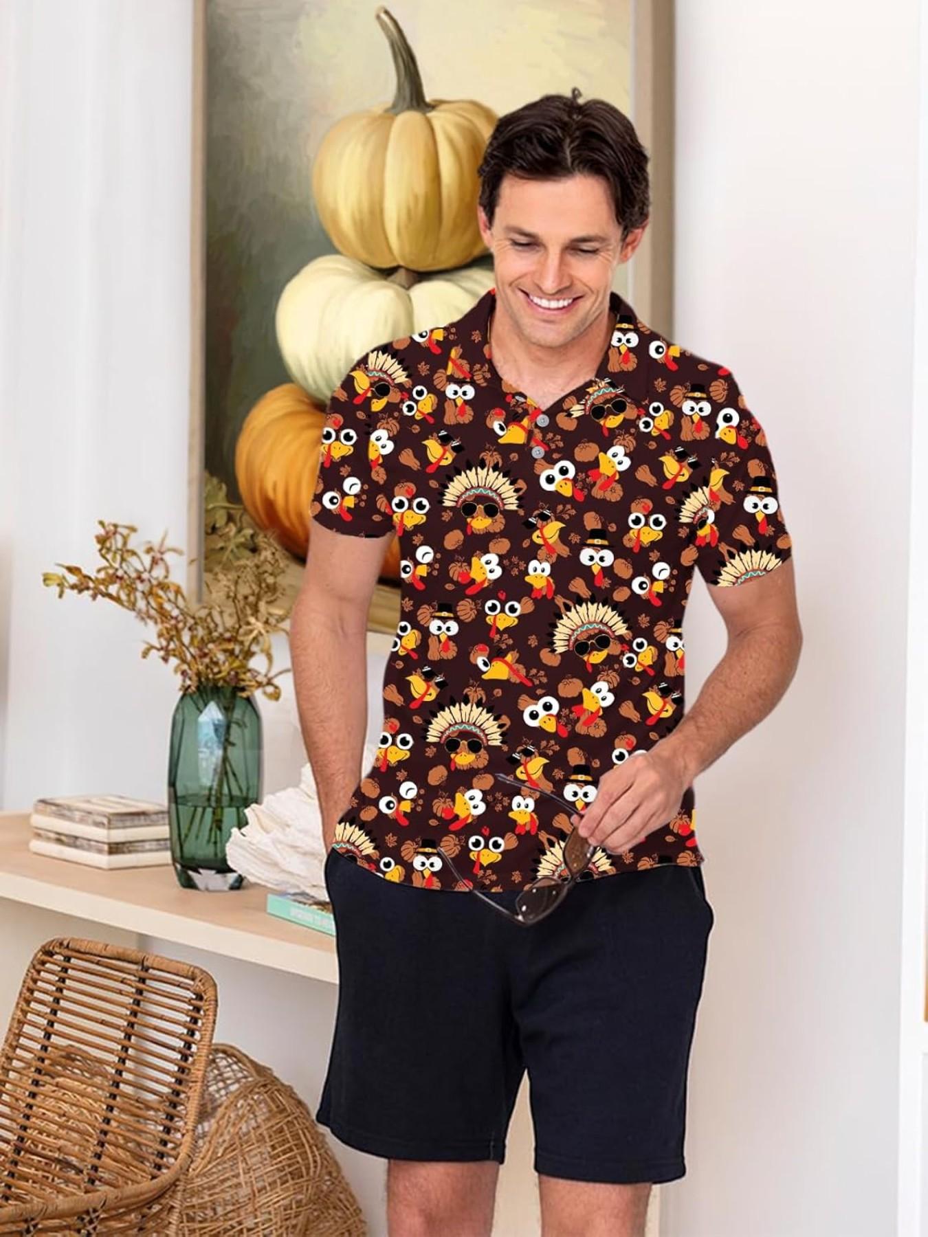 Men's Thanksgiving Theme Polo Shirt, Cartoon Turkey Pumpkin Pattern, Turn-Down Collar Three Button Short Sleeve, Breathable Festival Golf Top，Unisex (Recommended ordering one size up),polo shirt for men,deals of the day