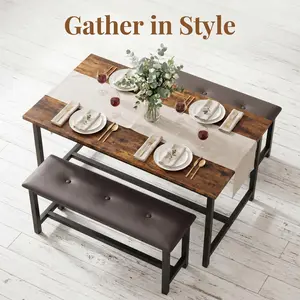 YJ-Garvee Vintage 3-Piece Dining Table Set for 4 with Metal Frame and MDF, Retro Rustic Kitchen Table with Benches and Storage, Perfect for Small Spaces and Apartments