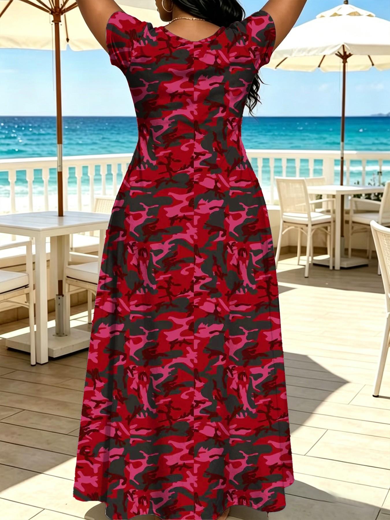 Plus Size Women's Summer Vintage Camouflage Letter Print Dress, Womenswear, Loose Fit Round Neck Long Skirt with Pockets, Casual Daily Wear