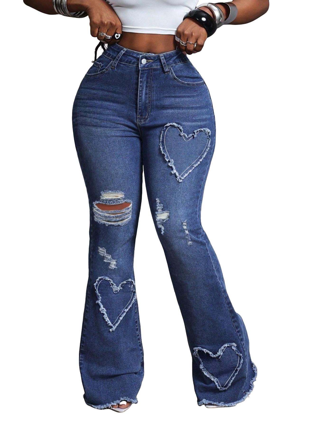 Women's Plain High Waist Zipper Fly Flare Leg Jeans, Casual Pocket Button Design Bell Bottom Denim Trousers for Daily Wear, Ladies Bottoms for All Seasons