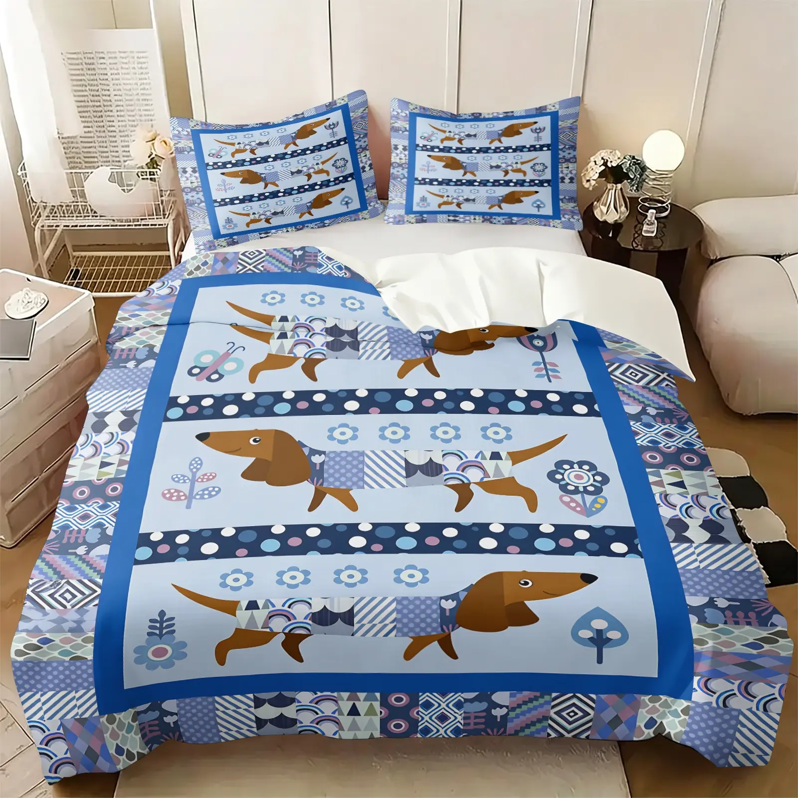 3PCS Cartoon Patchwork Dachshund Duvet Cover Set（1 Duvet Cover + 1-2 Coreless Pillowcases ), Vintage Geometric Floral Sausage Dog Pattern, Soft Comfy All Seasons Bedding Set,Ideal for Cute Pet Themed Bedroom Decor