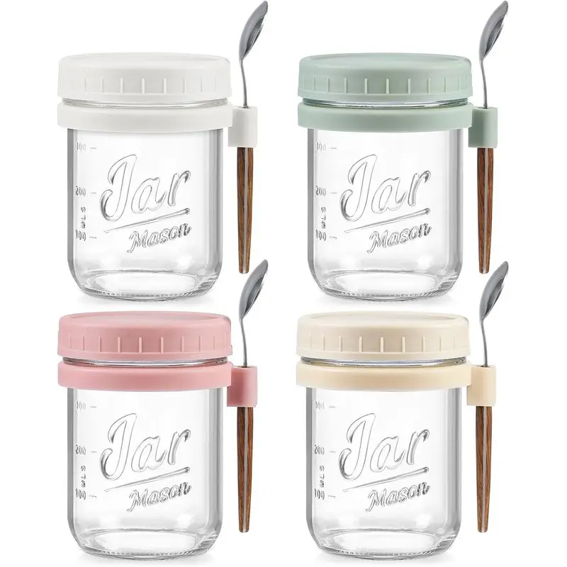 4 Pack 16 oz Glass Overnight Oats Containers with Lids & Spoons, Airtight Mason Jars, Portable Storage Jars for Oatmeal, Milk, Cereal and Fresh Fruit