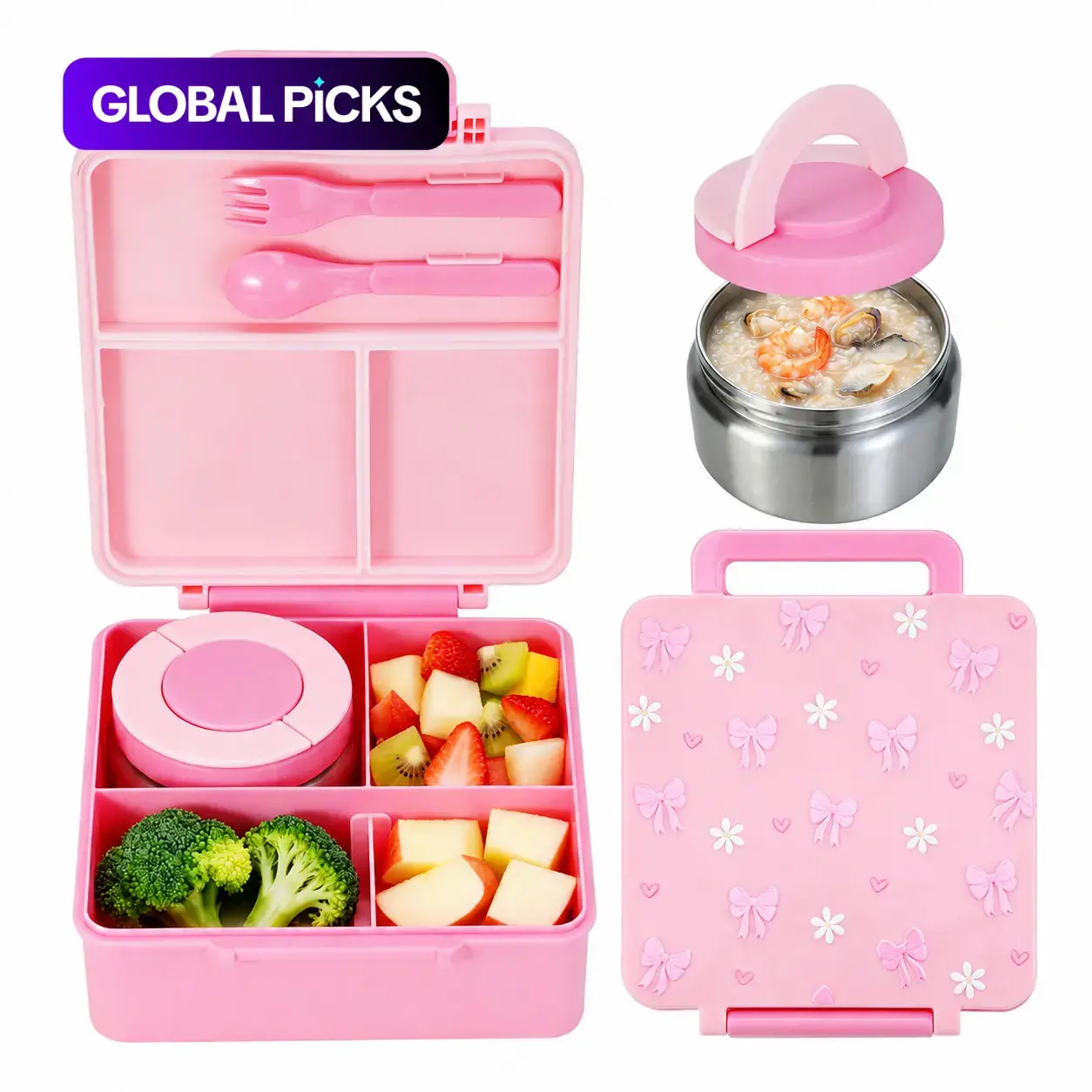 Cartoon Pattern Bento Lunchbox with Stainless Steel Soup Container, Microwave Safe, Portable Square Food Storage for Lunches and Travel
