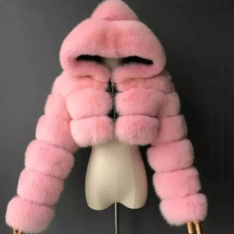 Furry Cropped Faux Coat with Hood – Plush Warm Stylish Outerwear for Cold Weather