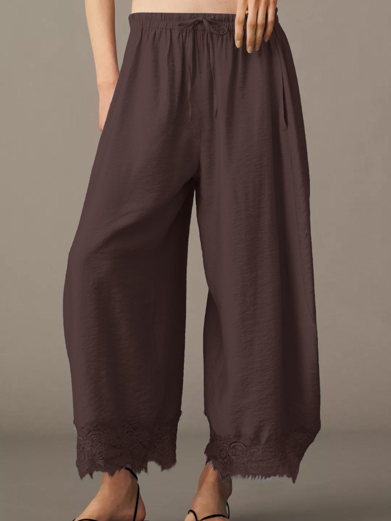 Women's Casual Pocket Elastic Waist Long Pants, Lace Patchwork Bottoms, Asymmetrical Hem, Summer Loose Wide-Leg Pants, Womenswear