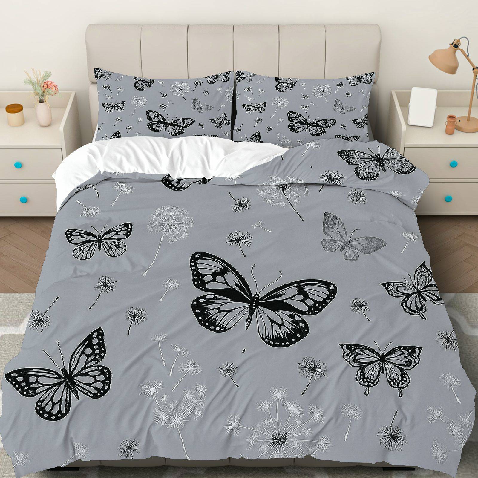 3PCS Duvet Cover Set, 1 Duvet+2 Pillowcases(Without filler), Butterfly Dandelion Nature Grey theme, Seasonal bedding set, Butterfly Print Suitable for decoration Bedroom Living Room Guest Room Hotel.