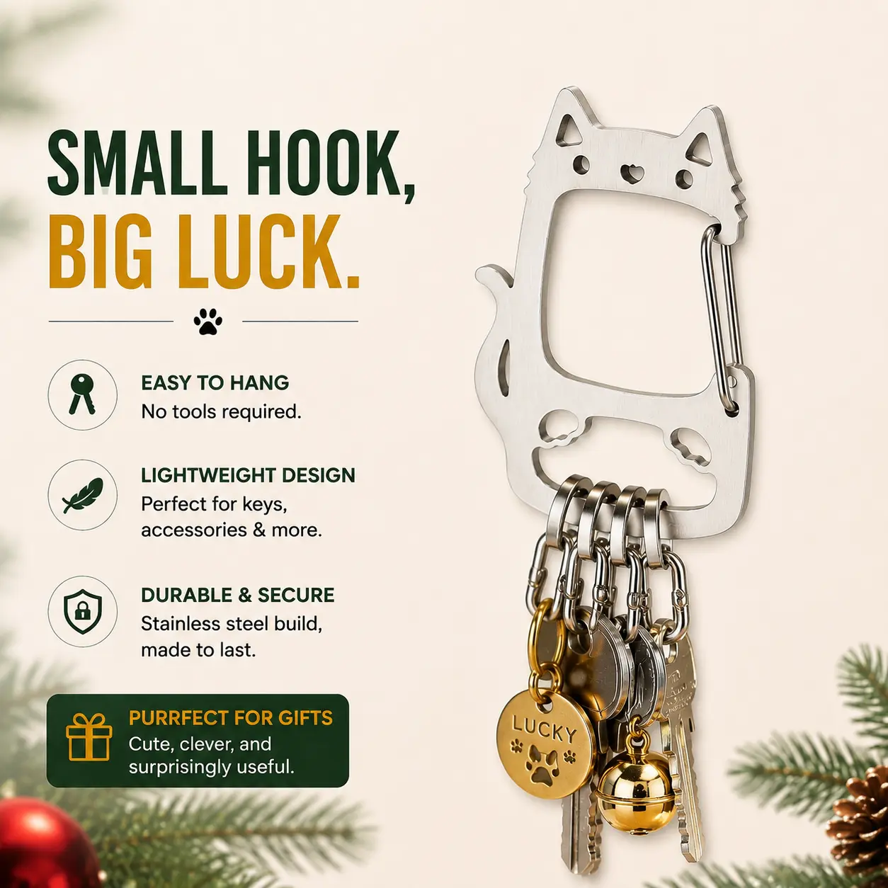 Cute Cat Laser-Cut Stainless Steel Keychain Accessories - Corrosion-Resistant, Sturdy, Compact Carabiner Clip Keychain with Heavy-Duty Spring Hook, Lightweight Key Holder for Daily Carry, Mini Gift for Cat Lovers, Carabiner Clip Keychains-YY2